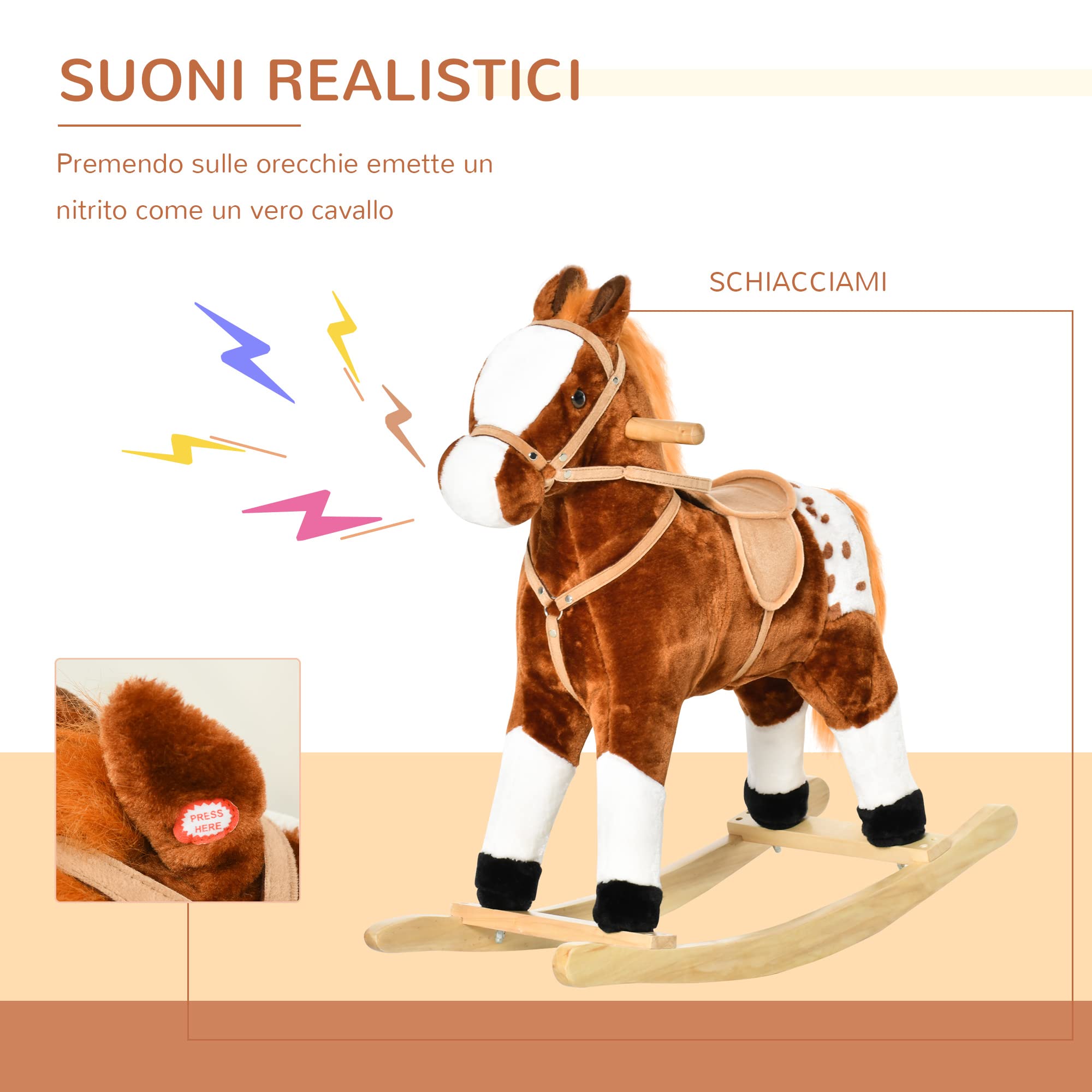 HOMCOM Cavallo a Dondolo in Legno con Suono Animale Regalo Giocattolo per i Bambini, 74 x 28 x 65 cm, Marrone