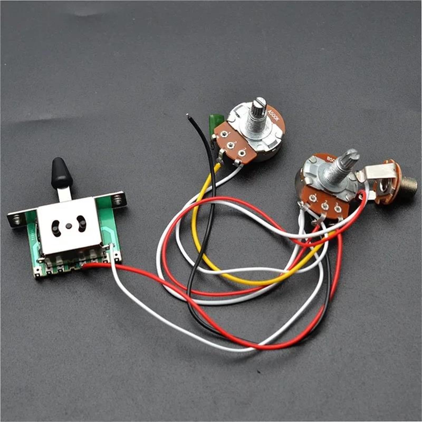 Kit Arnés Precableado Arnés de cables para guitarra de 3 pastillas preinstalado A500K B500K Potenciómetro grande Interruptor de 5 posiciones 1 Volumen 1 Tono