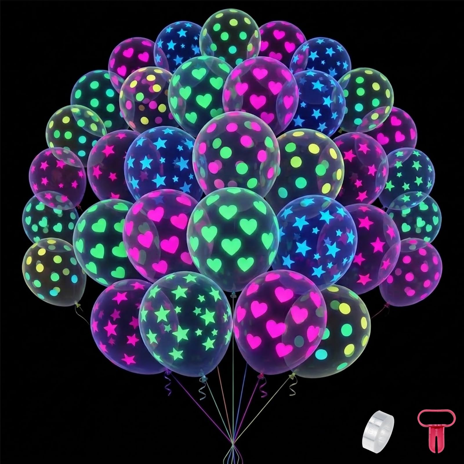 50-Piece 12 Inch UV Reactive Party Balloons Decoration Set - Includes 5m Double-Hole Transparent Balloon Garland Chain & Knotting Tool for Birthday, Night & Blacklight Atmosphere (50pcs Assorted)