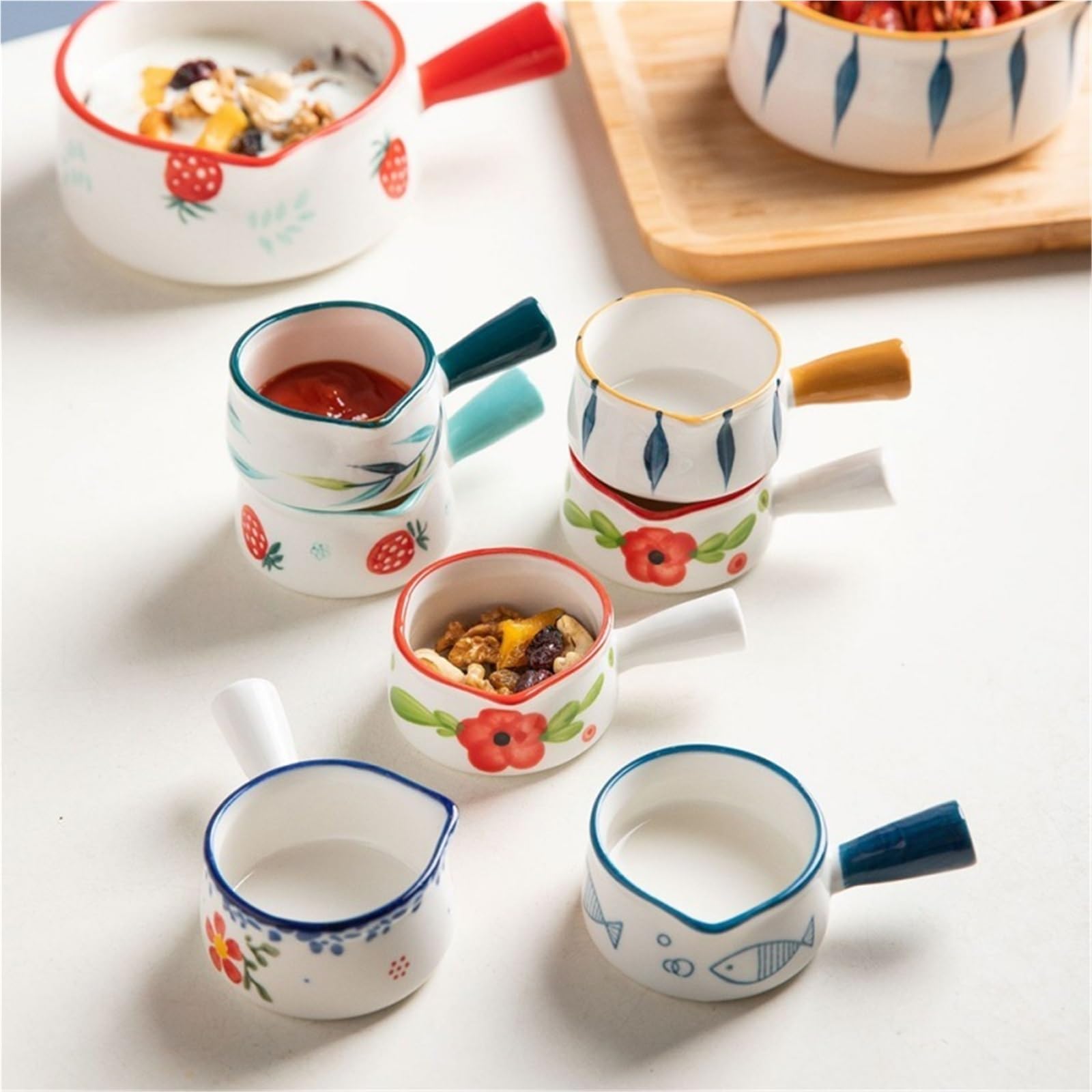 Milchkännchen, Soßenschüssel, Wasserbecher, Kaffeesahnekännchen, 2-teiliges 50-ml-Keramikgefäß mit Griff, Espresso-Gewürzgefäß, Essig-Sirup-Glas, Dipschalen