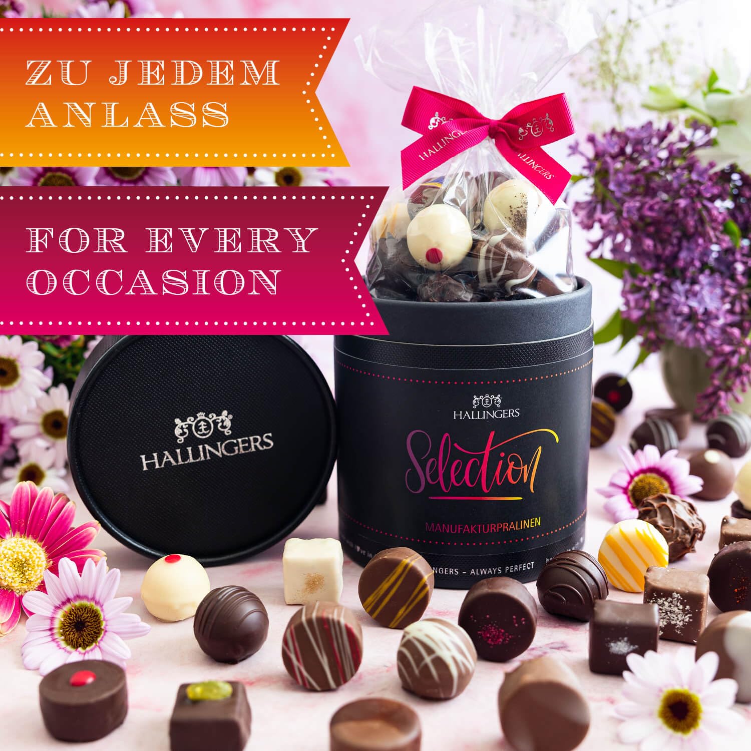 Hallingers Genuss Manufaktur Pralinen Geschenk - ohne Alkohol, handmade aus Confiserie-Edelkakao in wertiger XXL-Geschenkdose "Selection", Geschenkidee für Frauen Männer