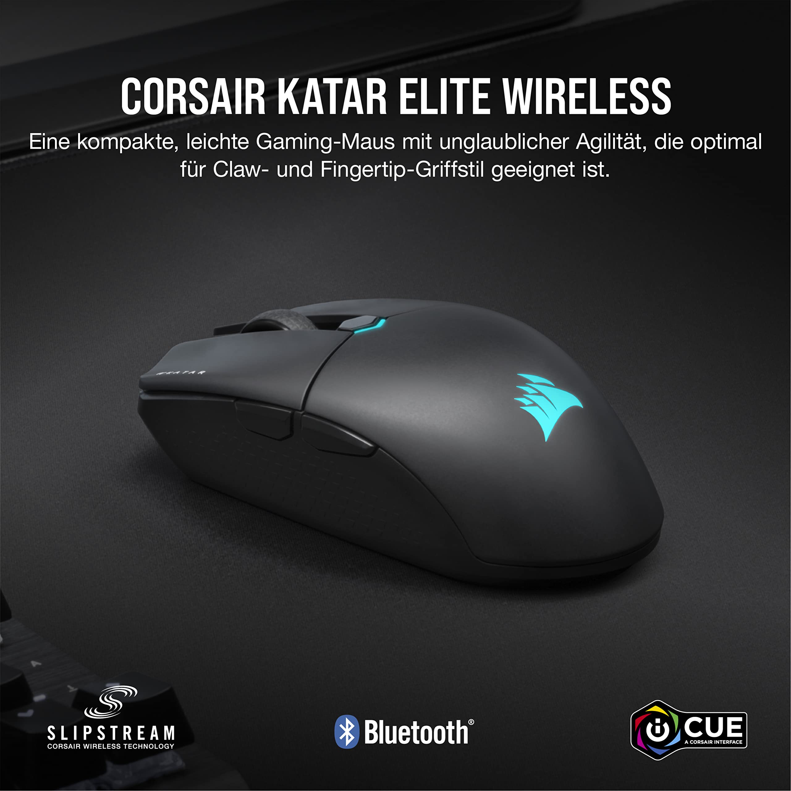 Corsair KATAR Elite Wireless Gaming Maus, 26.000 DPI, Symmetrische Form, 110 Stunden Akkulaufzeit, iCUE, Schwarz