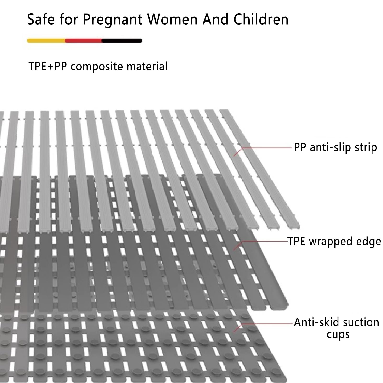 Alfombrilla de baño antideslizante recortable, material compuesto de TPE+PP, hueca y de secado rápido, fuerte adsorción, apta for embarazadas y niños.