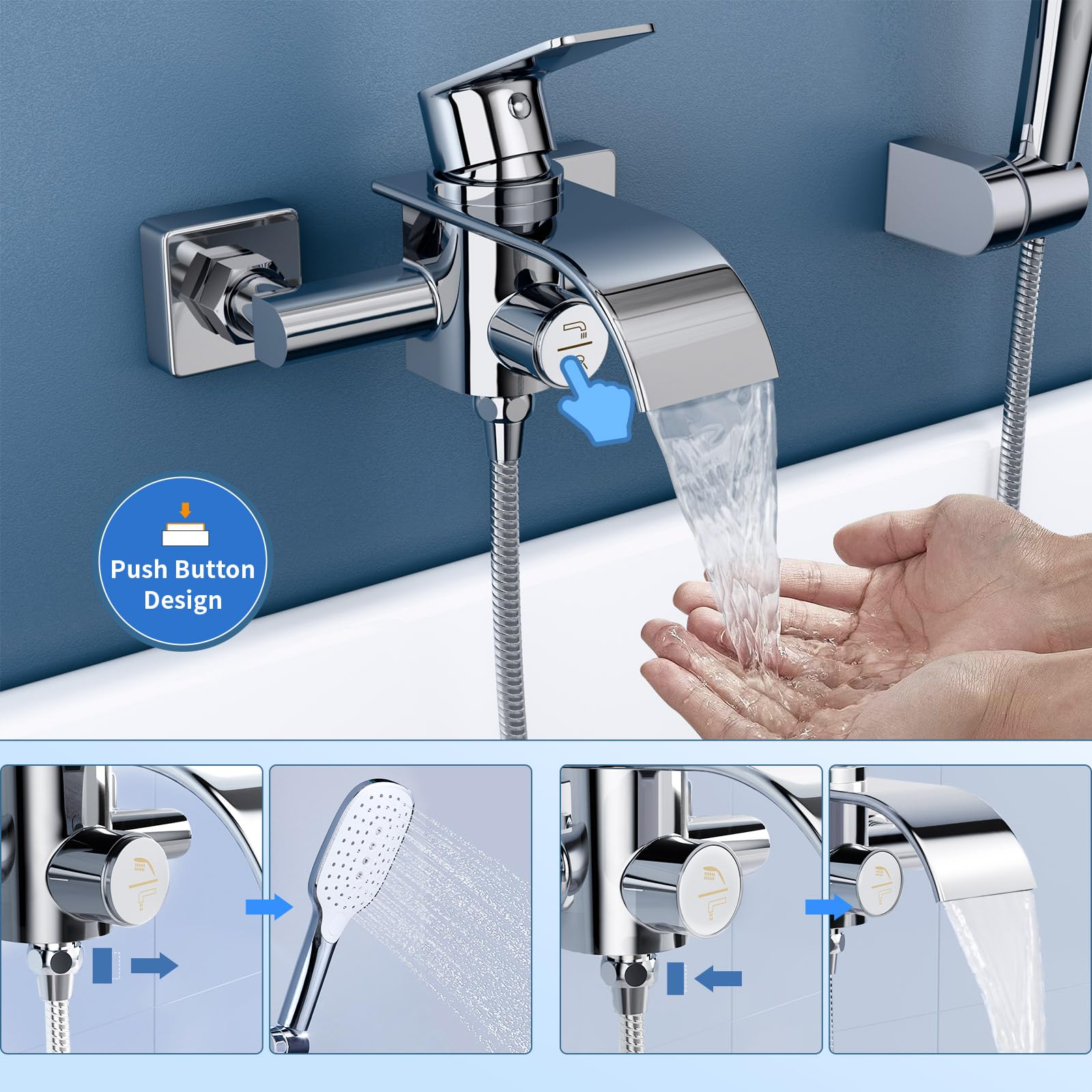 Grifo de bañera con ducha de mano, cascada, mezclador de latón 3 funciones, monomando con interruptor de presión