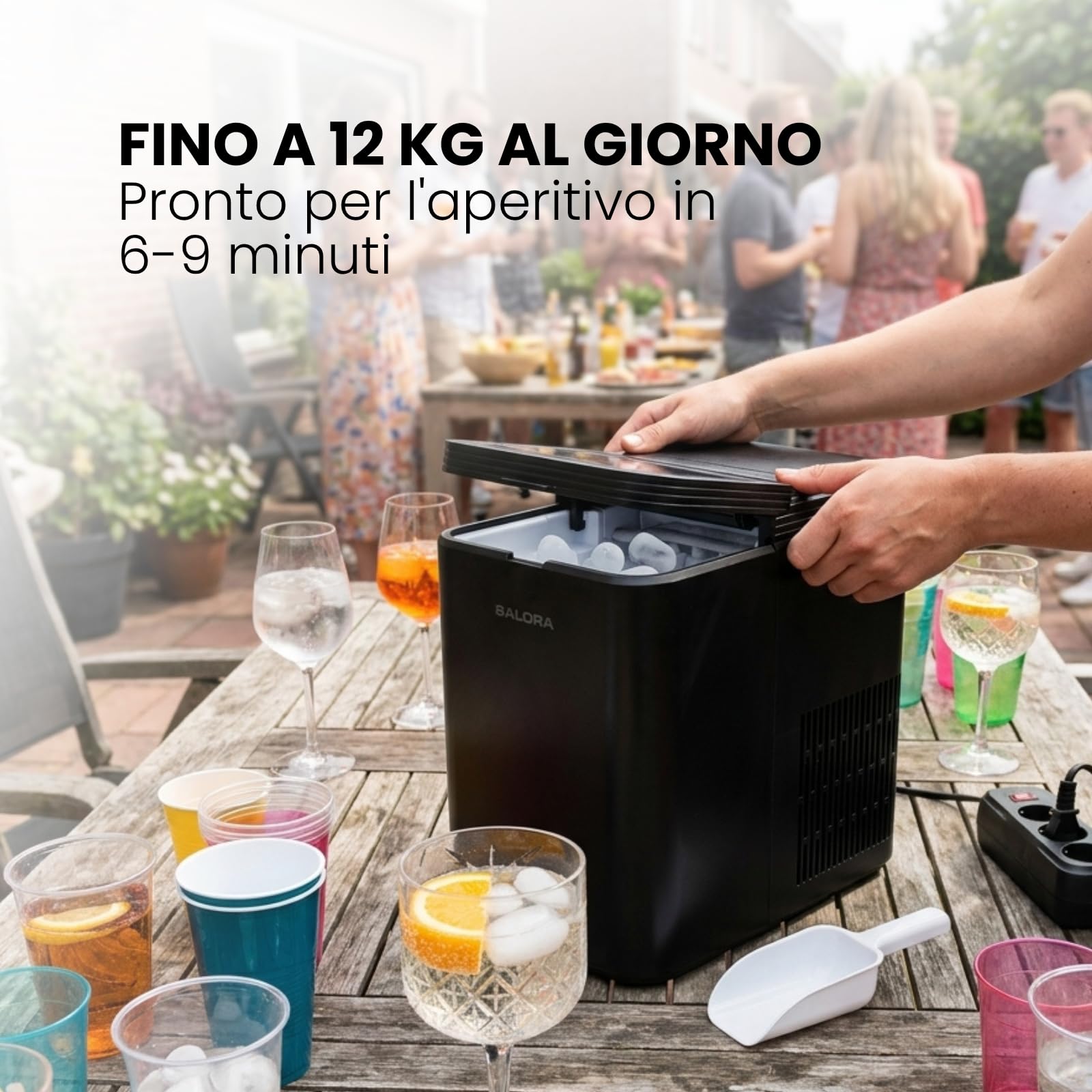 Salora ICEMAKER12B - Macchina per ghiaccio a cubetti, 12 kg/24h, 2 misure 6-9 min, serbatoio da 1,3 l, touch screen, compatta e portatile, con paletta per gelato, nero opaco
