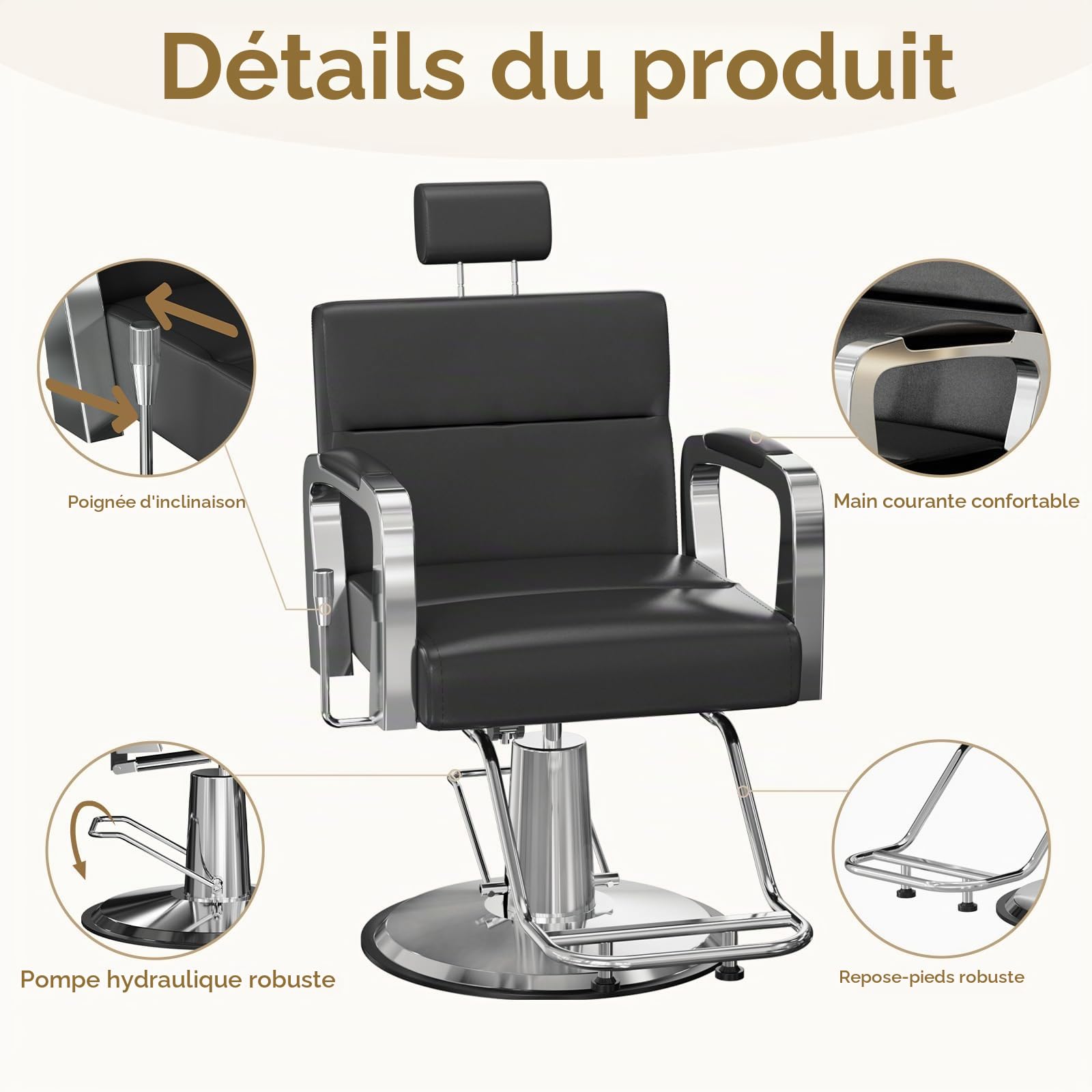Fauteuil de Coiffure, Chaise à Coiffeur Hydraulique Inclinable, Hauteur Réglables Barber 360° pour Salon de Coiffeur, Salon de Beauté (Noir)