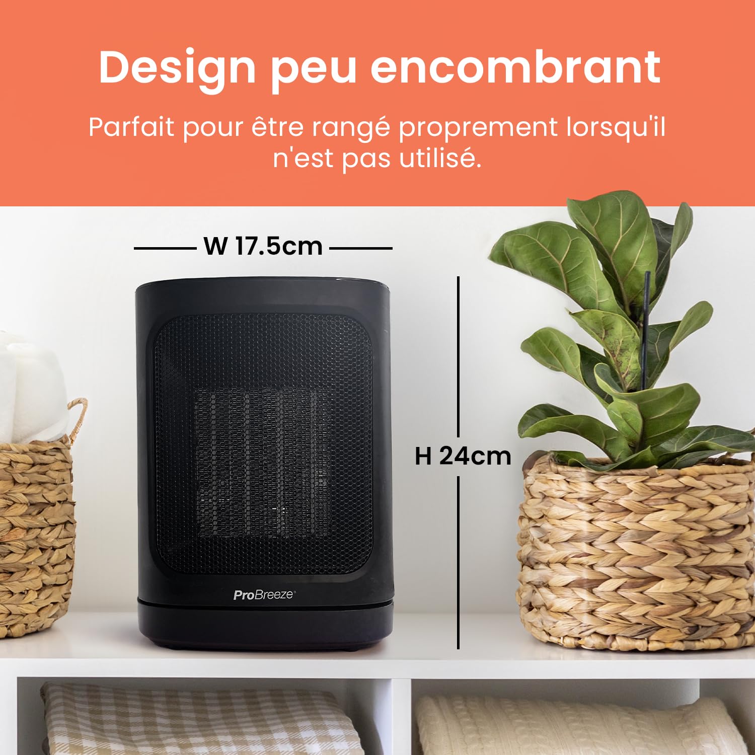 Pro Breeze Radiateur Soufflant en céramique 1800W, Chauffage d'appoint avec oscillation automatique, 2 réglages de chaleur et mode ventilateur seul - Noir