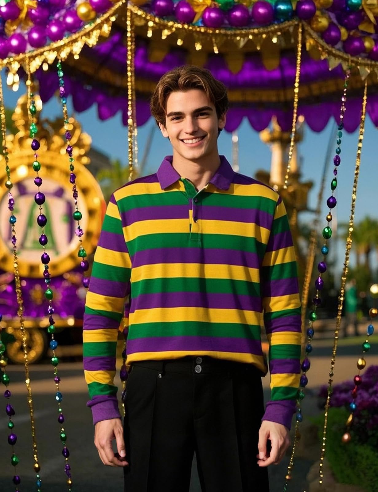 Men's Mardi Gras Striped Polo Shirt Purple Gold Green Rugby Long Sleeve Golf Top, Thin Stripes, XX-Large