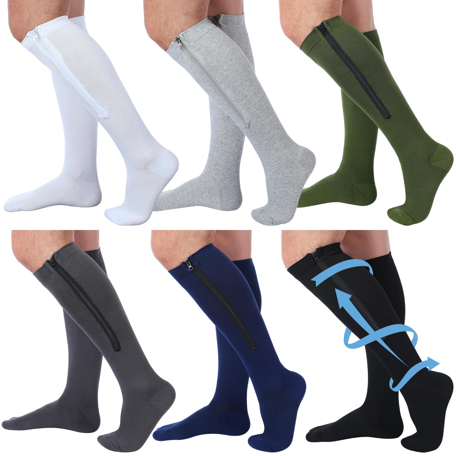 Evervibe 6 Pairs Men Zipper Compression Socks 20-30mmhg Colorful