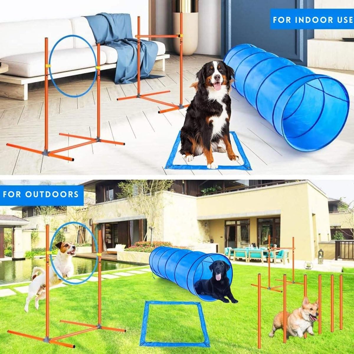 Hunde-Agility-Trainingsausrüstung, tragbares Hunde-Agility-Parcours-Set for den Garten mit 9 Fuß Hundetunnel, Sprungring, Pausenbox, Welpen-Hindernisparcours-Set mit Aufbewahrungstasche