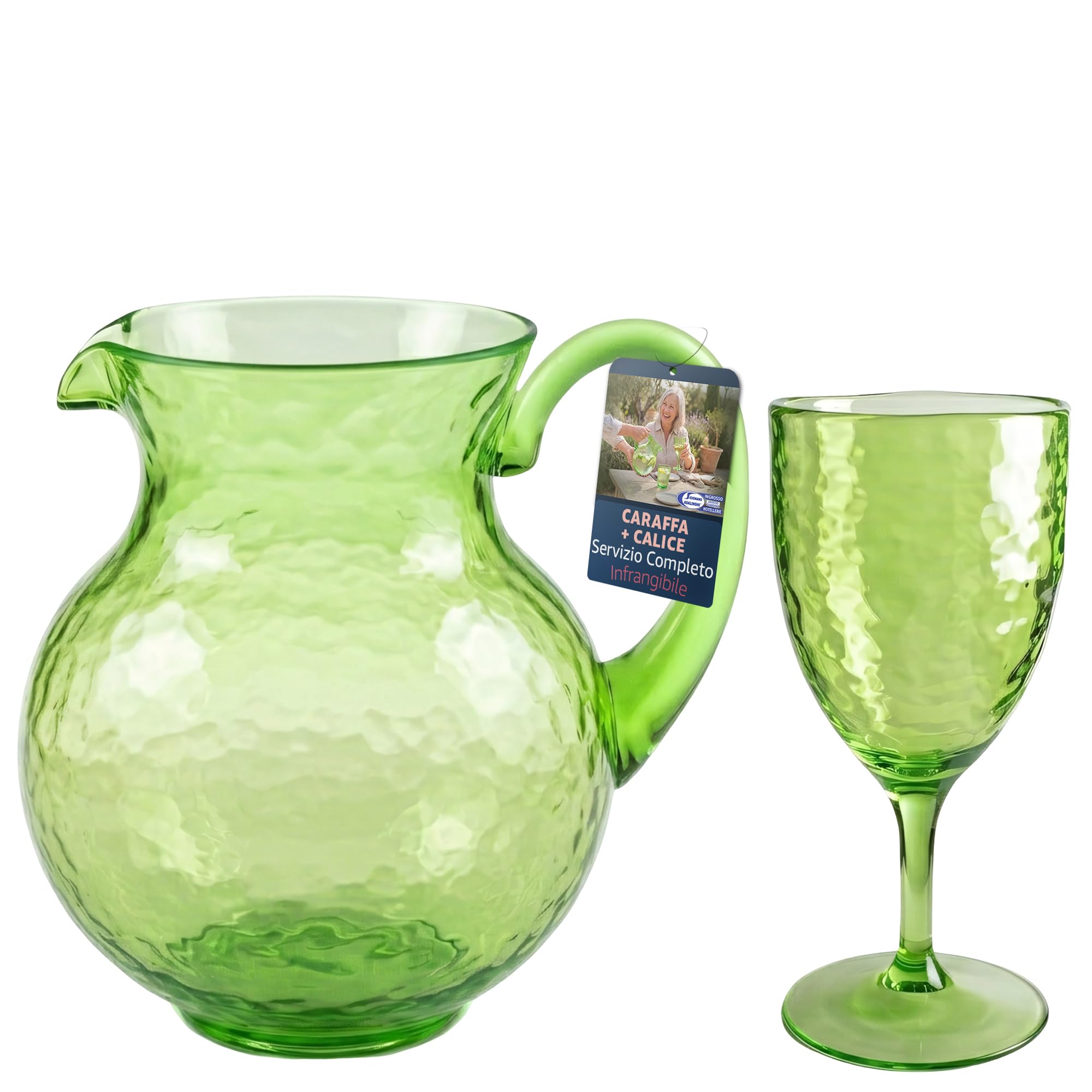 Sicignano Servizio per 6 Persone Caraffa e Calici 430ml in Acrilico Martellato, Set Colore Verde, Vetro Infrangibile