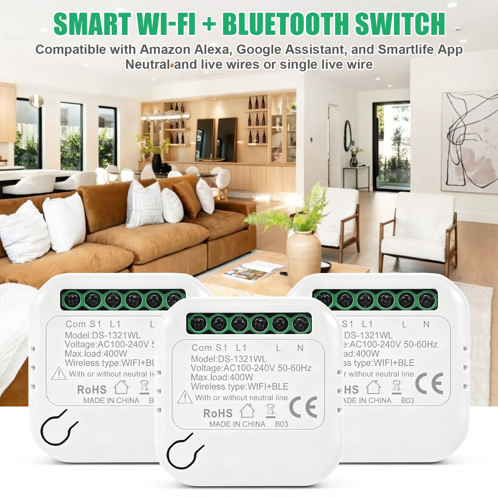 WiFi Interruptor Módulo Sin Neutro,Inteligente Interruptor, Smart Switch | Inteligente Luz Interruptor Sin Neutro Compatible con Alexa & Google Assistant, Mini Smart Switch WIFI con Tuya y Smart Life