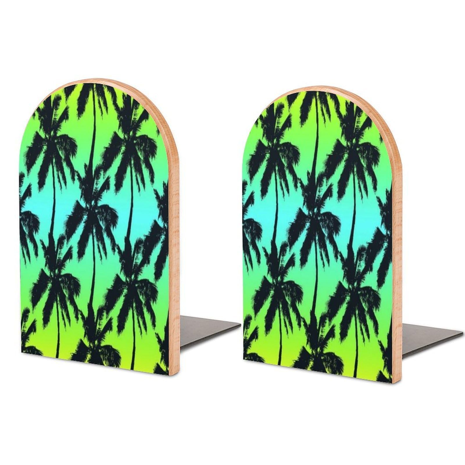 Palm Trees Seamless Pattern Beech Wood Bookends Heavy Duty Book Organizers Desktop File Holder for Office Home Bookshelf