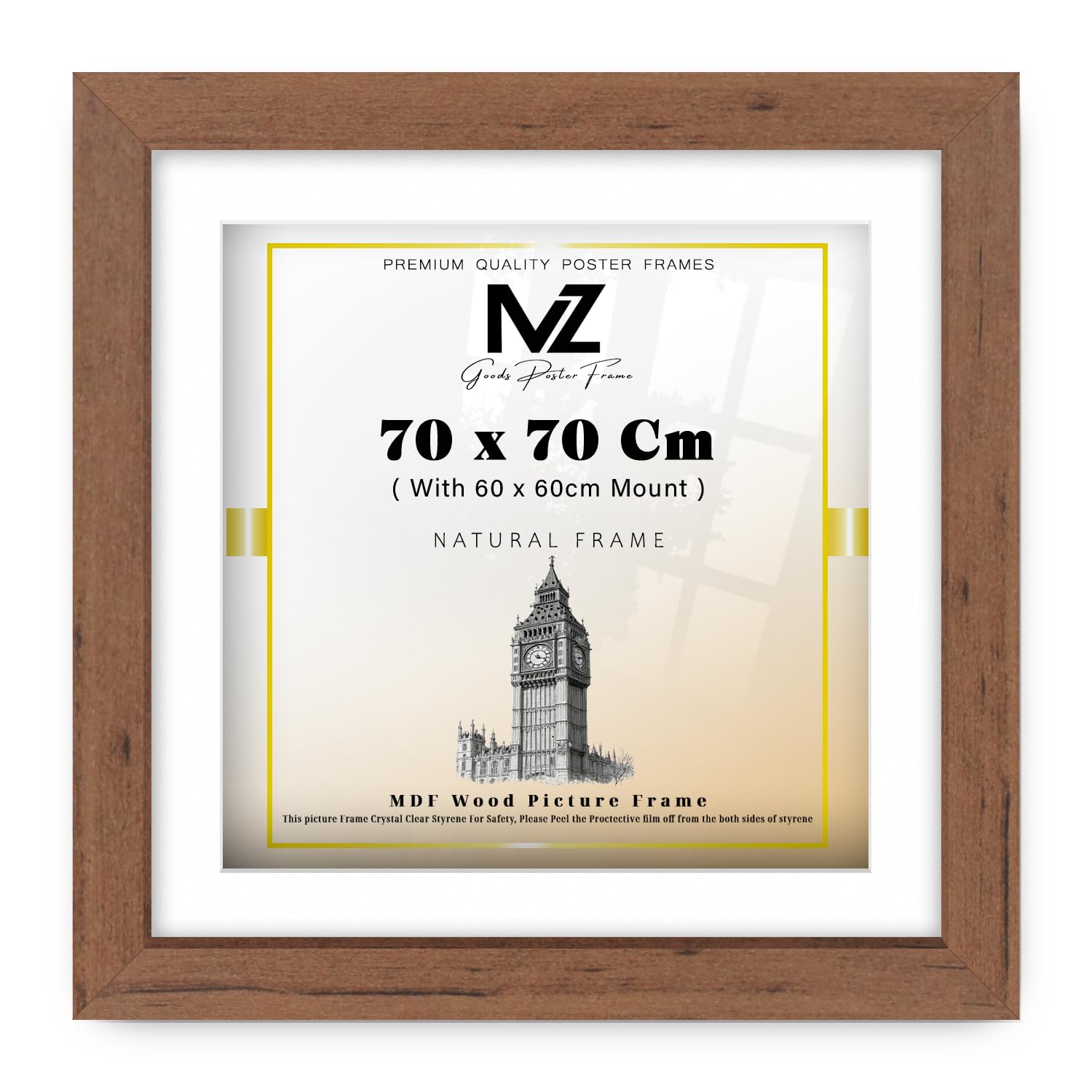 MZ GOODS | MDF Elegant Wall Picture Frame (70 x 70 Cm) With 600 x 600 mm White Mount Hanging Display | 24 x 24 Inch Poster, Award, Painting, Modern Décor Frame [ Walnut ]
