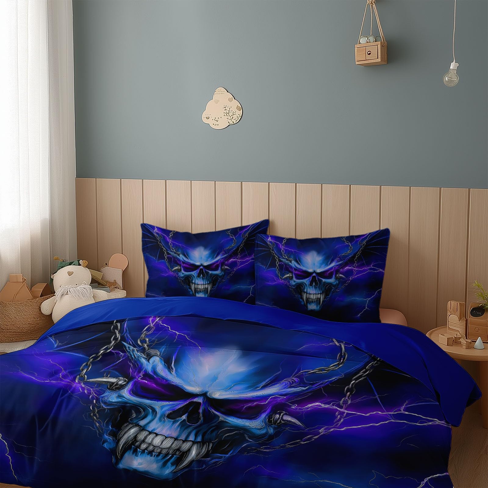 Générique Fantazyjna poszwa na kołdrę 220x240 cm Zestaw pościeli z nadrukiem, zestaw pościeli w paski z czaszką nastolatka dziewczyna dzieci - Royal Blue hipoalergiczna poszwa na kołdrę z poszewkami