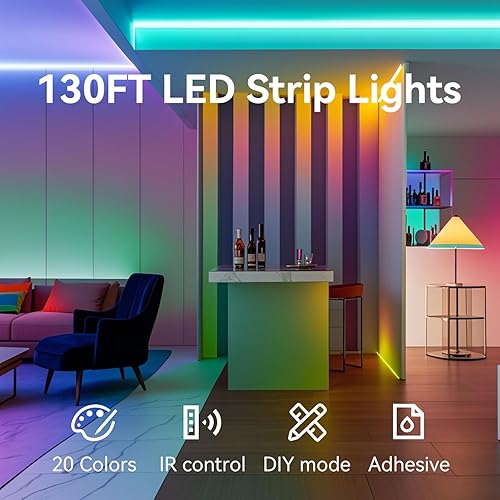 Miniatura 2 de CHARKEE Tira de luces LED de 130 pies (2 rollos de 65.6 pies), ultra largas RGB 5050 que cambian de color, kit de tiras de luz LED con control