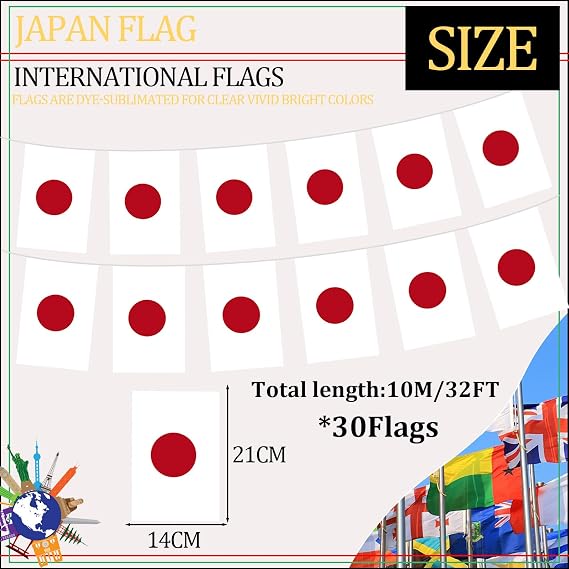 10m/32.8ft Japan Flag Bunting with 30 Flag for Fifa World Cup Football 2026 Decorations,Japanese Bunting Flag Banner for Indoor Outdoor Sports Events Eurovision Euro Football Japan Party Decorations