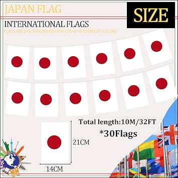 10m/32.8ft Japan Flag Bunting with 30 Flag for Fifa World Cup Football 2026 Decorations,Japanese Bunting Flag Banner for Indoor Outdoor Sports Events Eurovision Euro Football Japan Party Decorations