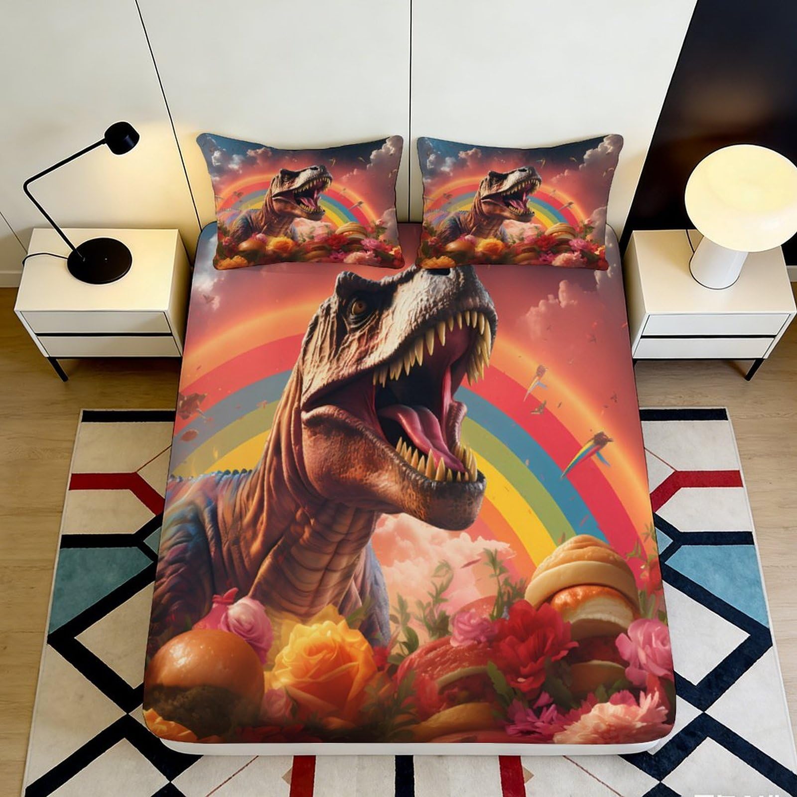 3D Printed Dinosaur Rainbow Fitted Sheet Microfiber Soft Anti-Slip Bed Sheet for Adult Teen Bedroom Decor 90x200x25cm