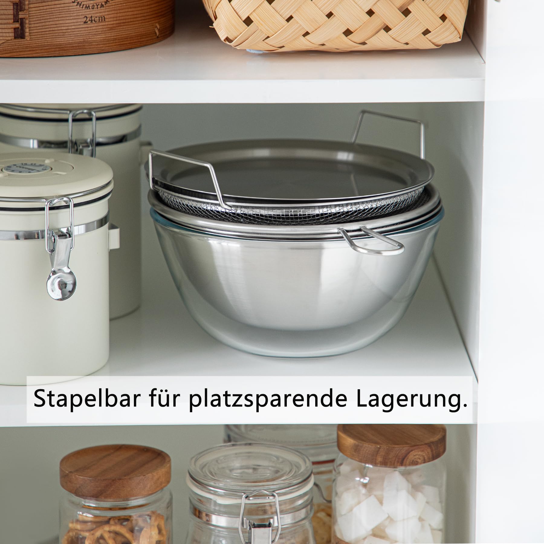 SHIMOYAMA Edelstahl Siebschüssel-Set, 6-teilig, stapelbare Rührschüssel mit Deckel, Kleiner Küchensieb-Set für Backen, Kneten und Snacks