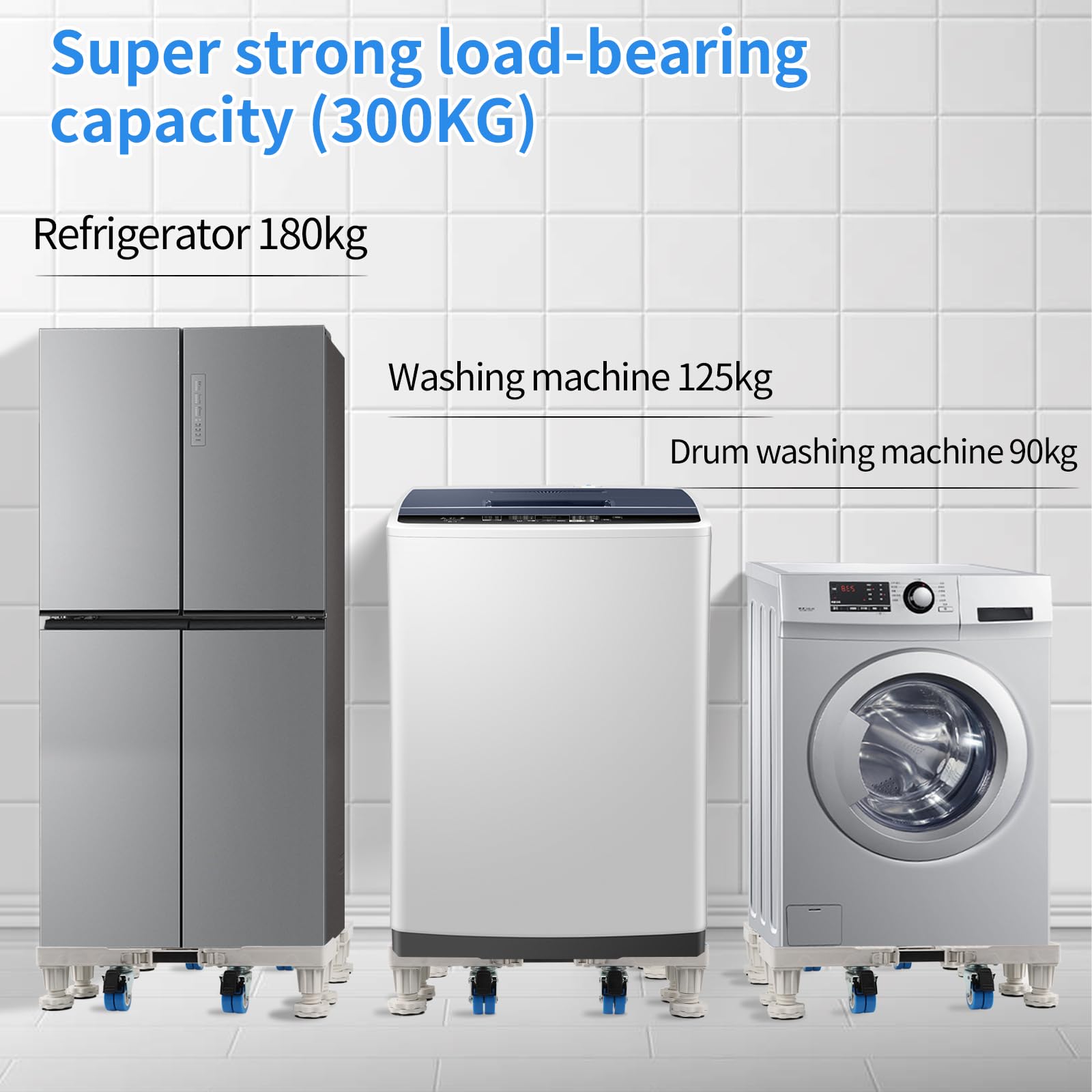 Base de lavadora resistente con capacidad de 300 kg, incluye 4 ruedas y 8 pies, ideal para lavadoras, refrigeradores y armarios, diseño ajustable y resistente