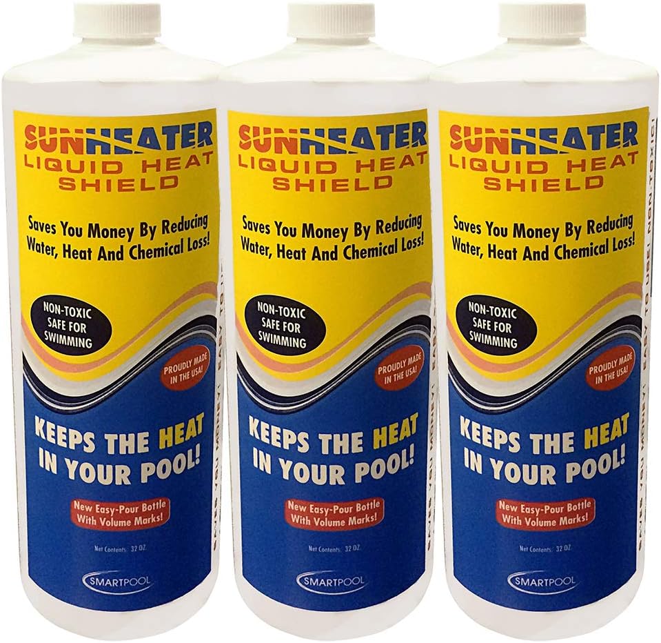 SunHeater Shield, 32 oz. Bottle – Liquid Solar Blanket, Non-Toxic and Safe for Swimmers, Reduces Water Evaporation Chemical and Heat Loss, SHS32-3, Pack of 3, Clear