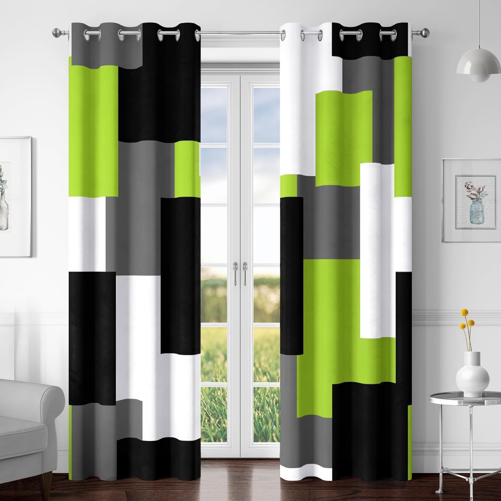 Tyrot Lime Green 100% Blackout Curtains for Bedroom 84 inch Length 2 Panels Set Light Fresh Modern Abstract Geometric Black Out Curtains Insulated