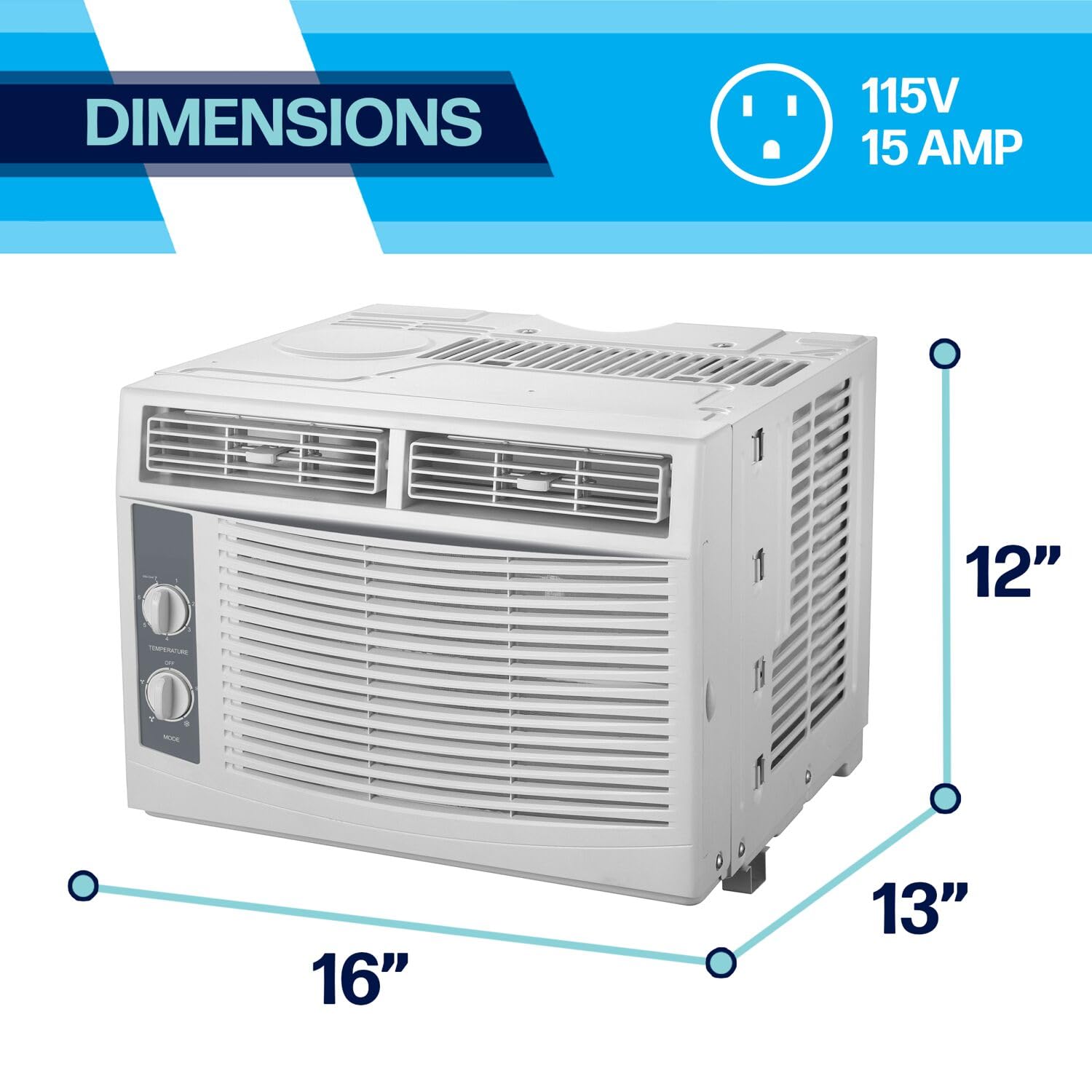 Diagram showing the dimensions of the Arctic Wind Window Air Conditioner: 16 inches wide, 13 inches deep, 12 inches high.