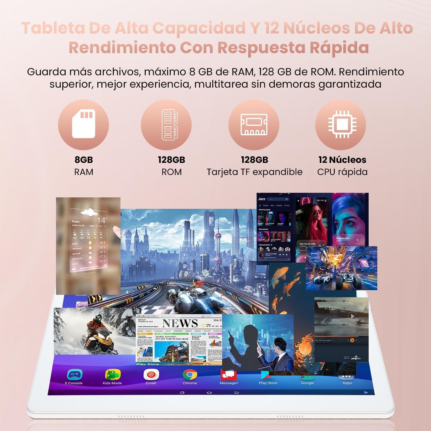 Diagram illustrating the tablet's high capacity and performance with 8GB RAM, 128GB ROM, 128GB expandable TF card support, and a 12-core CPU.