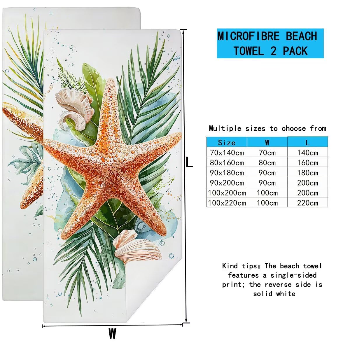 Telo Mare Microfibra, Telo Mare Grande 100x200cm 2 Pezzi, Asciugamano Palestra Donna Asciugatura Rapida, Antisabbia Asciugamano Microfibra, Leggero Asciugamani Palestra, Regalo (Stella marina) -4278