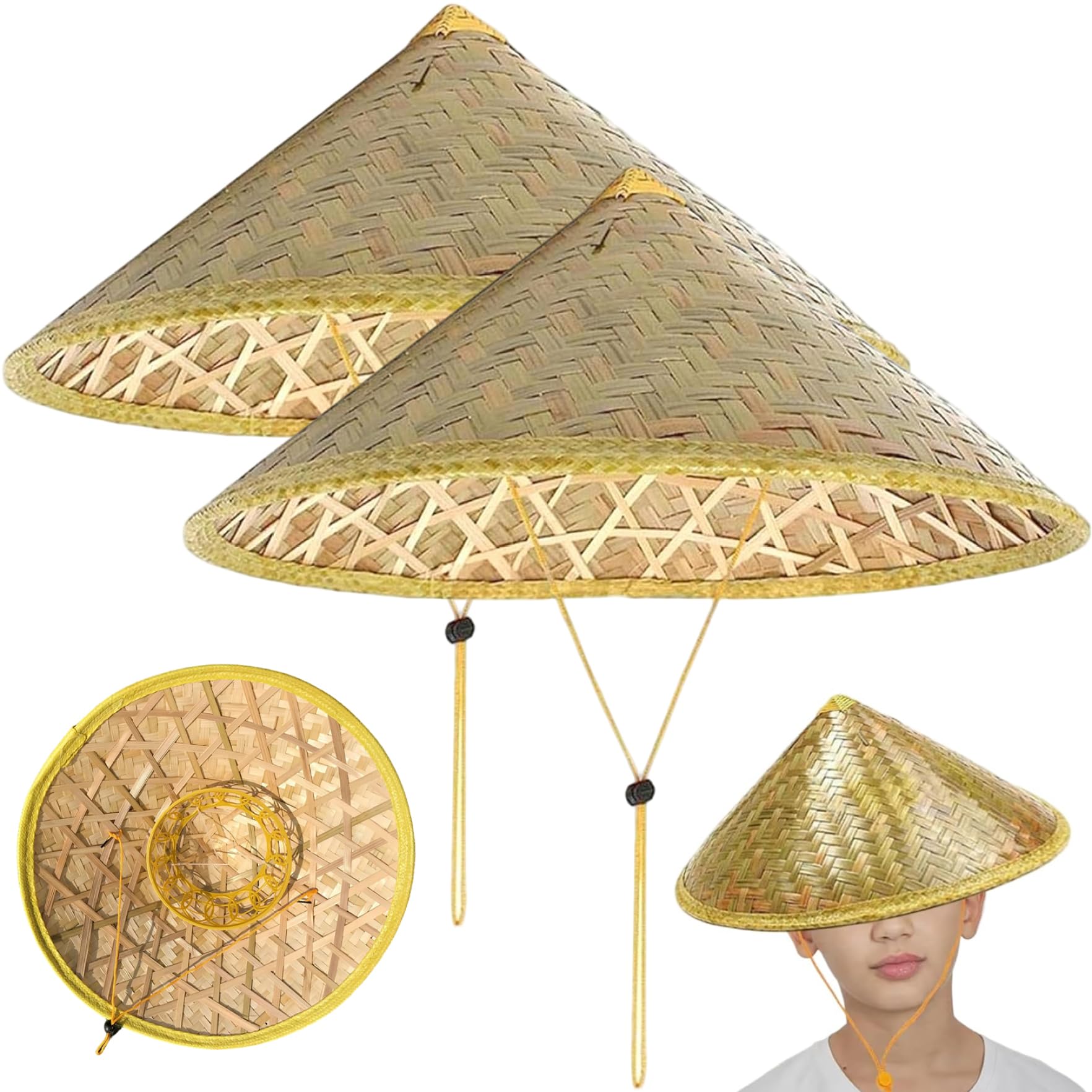 Sombrero de arroz - 2 uds. Sombrero de bambú cónico Chino de 14 Pulgadas, Gorro de Lluvia de Paja de arroz Tejido para Granjero
