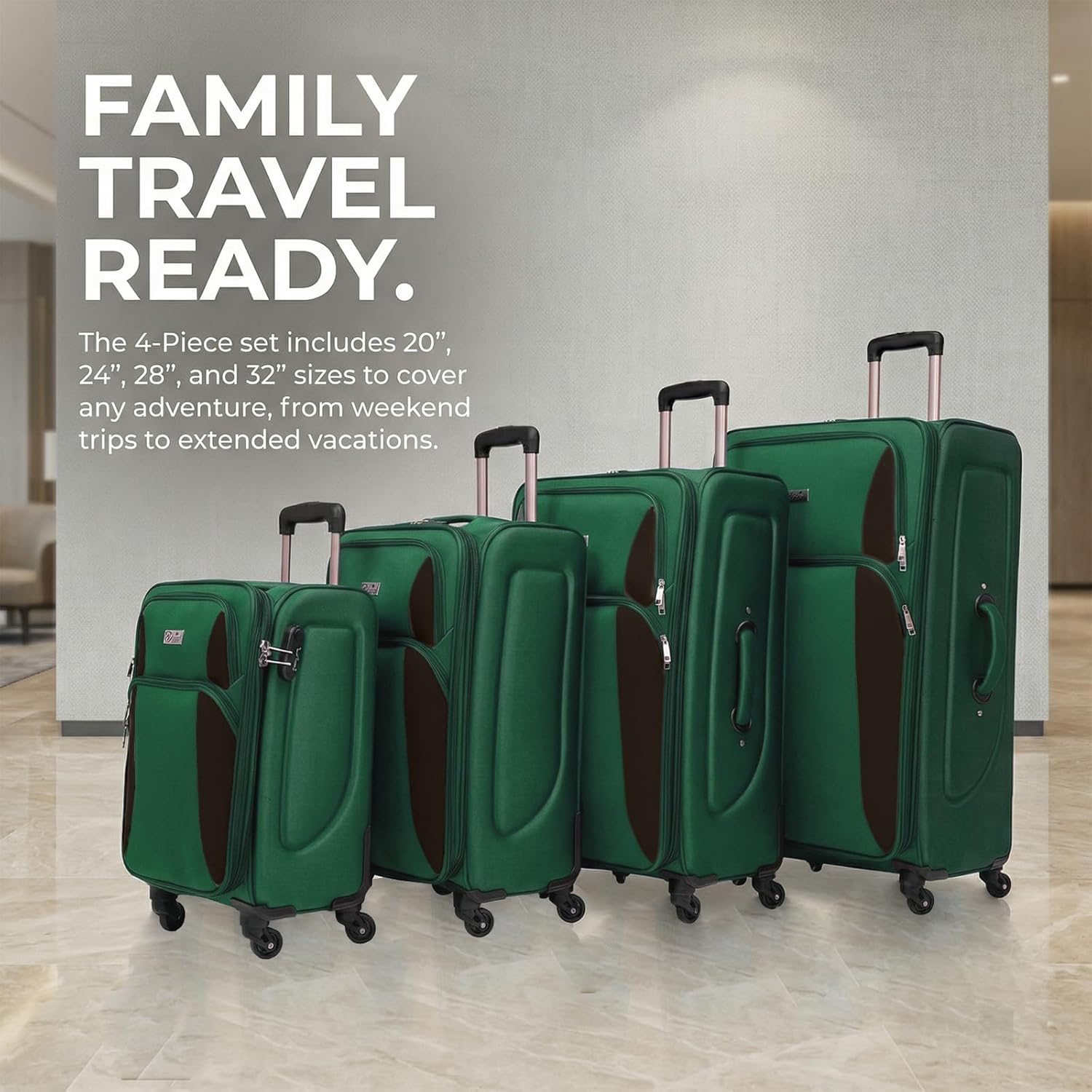 4 Piece Softshell Expandable Luggage Sets, Lightweight Travel Suitcase Set with Lock and 360°Swivel Spinner Wheels, Durable Softside Luggage, 20 in/24 in/28 in/32 in, Dark Green