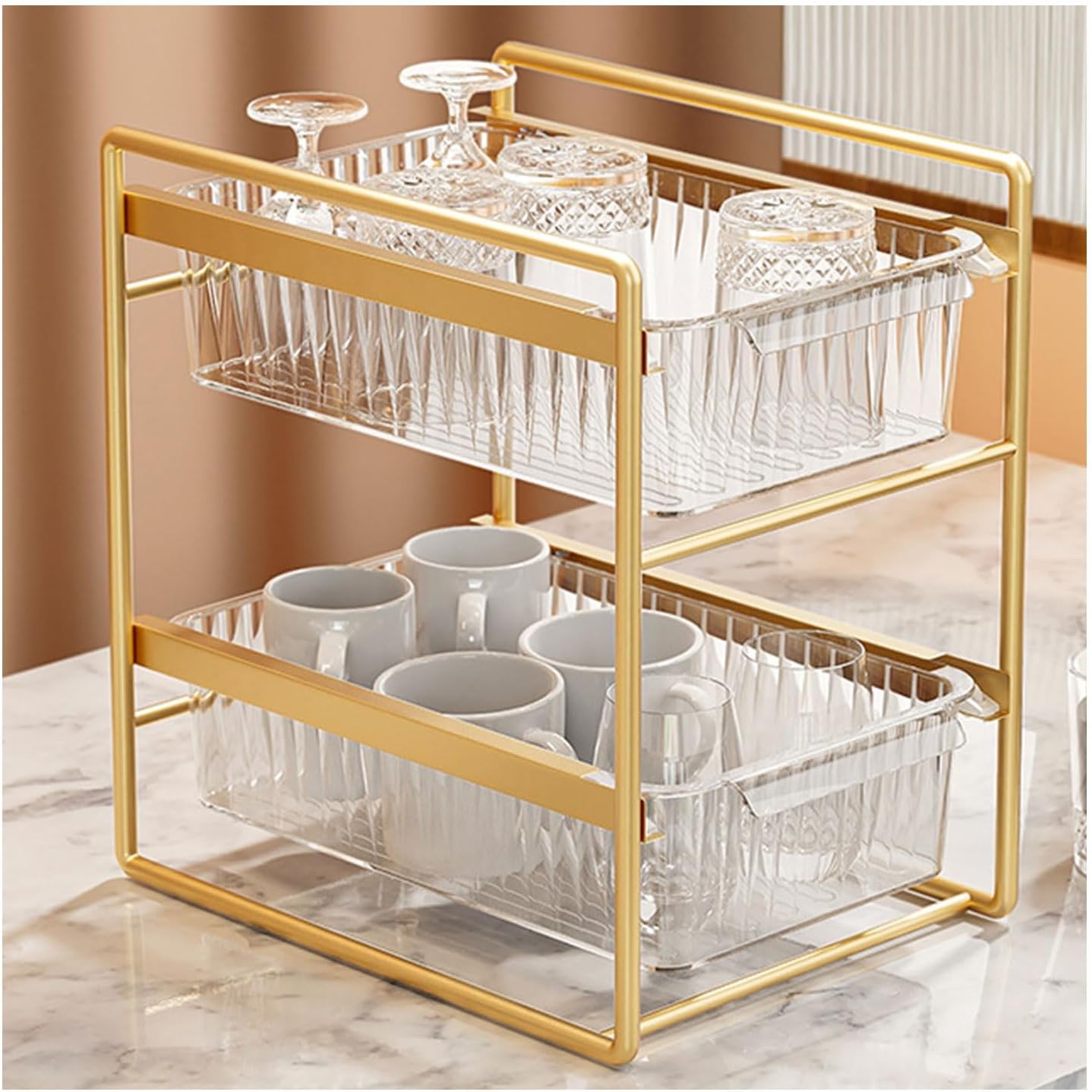 Dxcaicc Pull Out Cabinet Organizer,Under Sink Organizers Drawers,Drawer Organizer Basket,Multifunctional Countertop Seasoning Rack,Household Storage Shelf for Bathroom Kitchen,Gold,2Layer