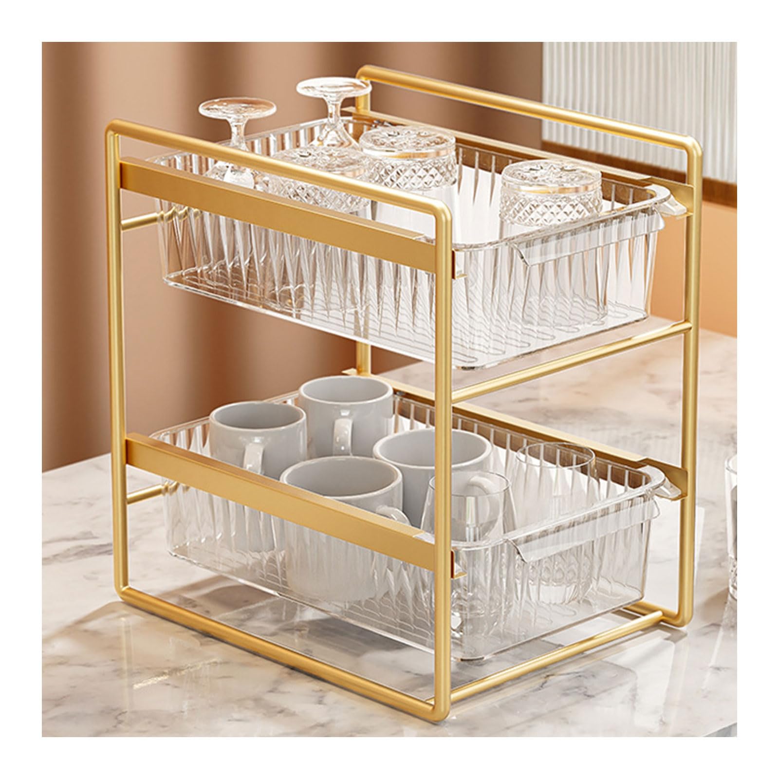 Dxcaicc Organiseur d'armoire extractible, tiroirs sous évier, Panier de Rangement pour tiroirs,étagère de Rangement Domestique pour Salle de Bain et Cuisine,d'or,2Layer