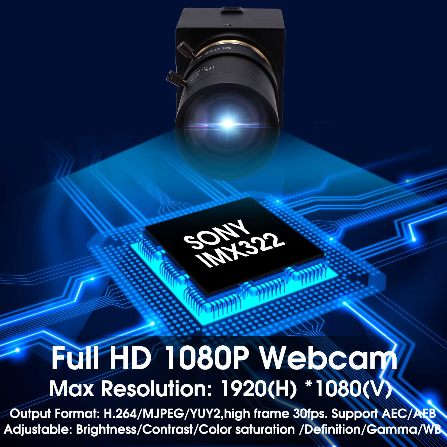 Svpro Webcam USB Low Light 1080P Full HD con obiettivo varifocale CS Mount 2.8-12mm, fotocamera Web con zoom e messa a fuoco manuale con sensore IMX323 H.264 per streaming/videoconferenza