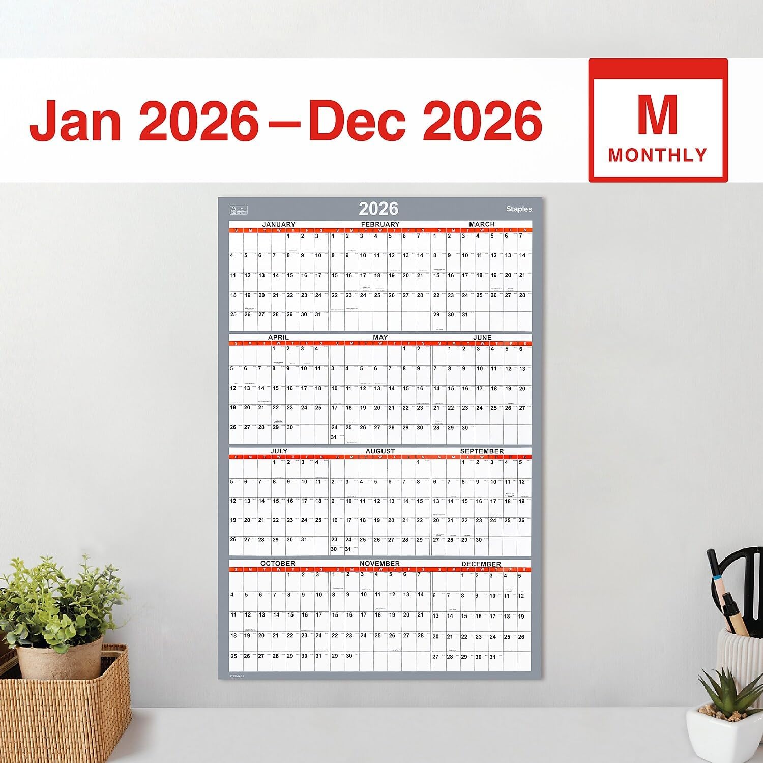 Staples 2026 Large Dry‑Erase Yearly Wall Calendar, 36" x 24", Reversible Vertical/Horizontal Layout, Erasable Surface for Planning & Scheduling, White/Red/Gray