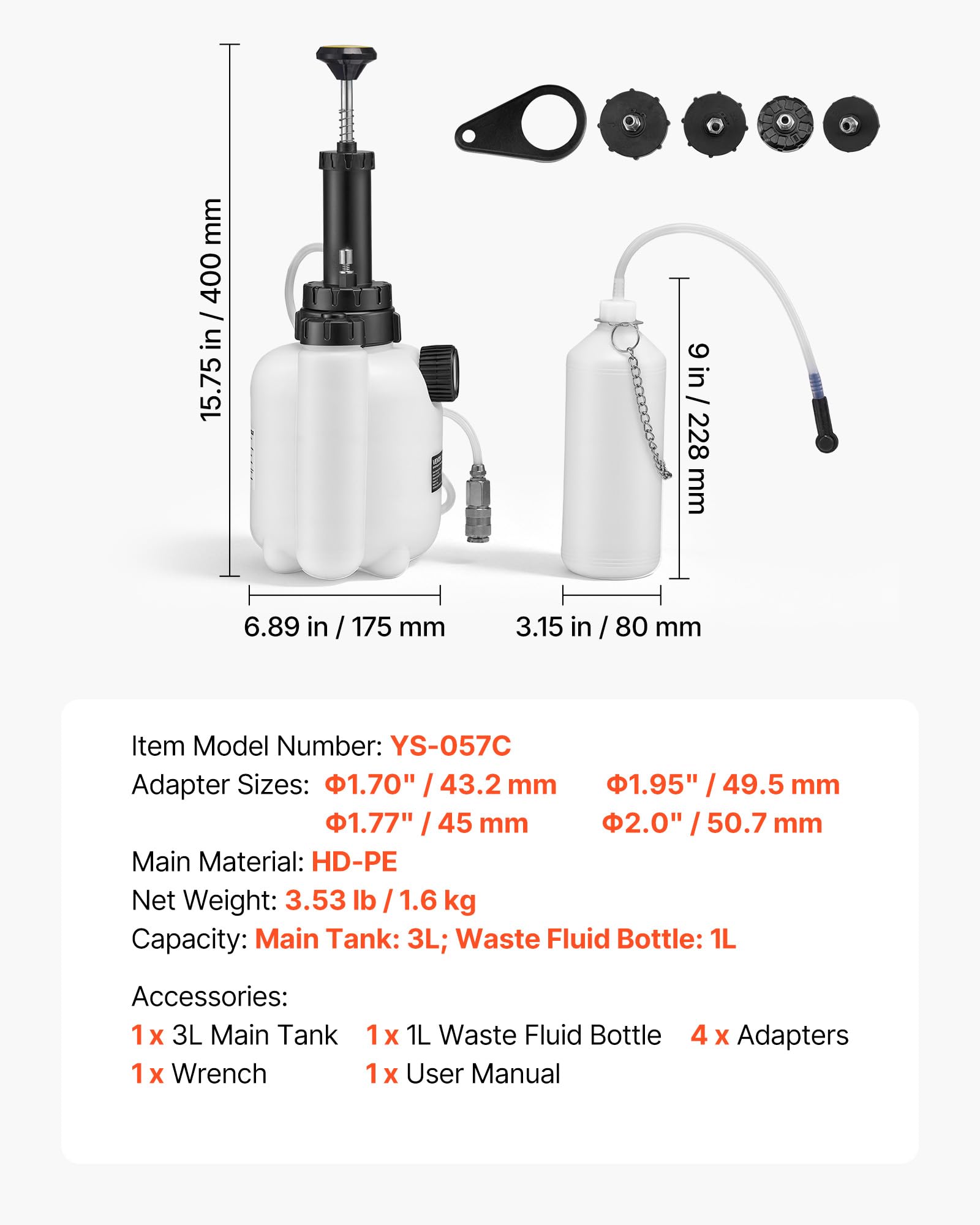 VEVOR Kit di Spurgo Freni Manuale, Spurgo di Liquido del Freno a Pressione Capienza 3 Litri, Attrezzatura per Ricambio Liquido Bottiglia di Recupero 4 Adattatori per Pompa, Veicoli Moto Auto