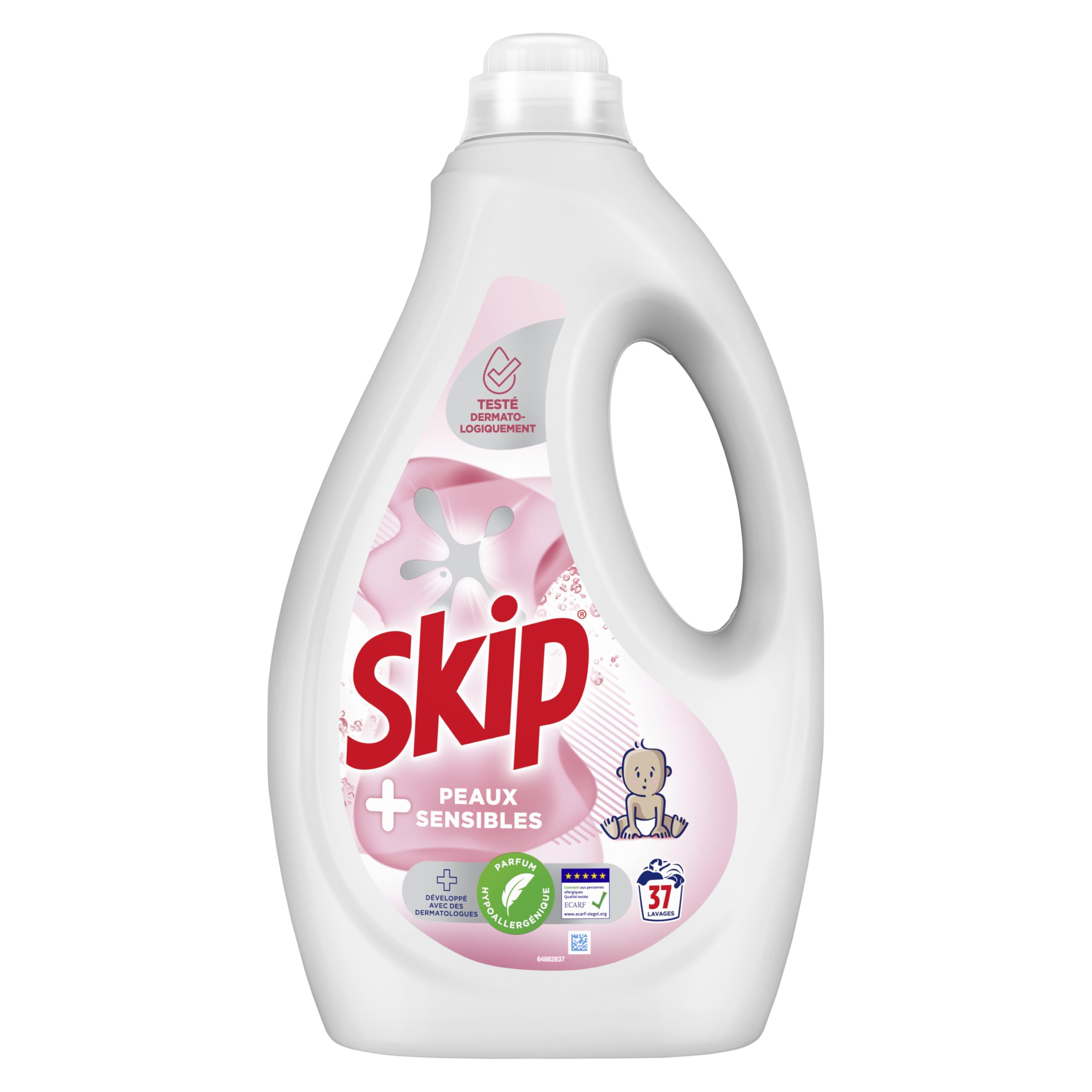 SKIP - Lessive Liquide Peaux Sensibles - Contre les taches tenaces - Parfum léger et agréable - Testée dermatologiquement - Lot de 5x37 lavages