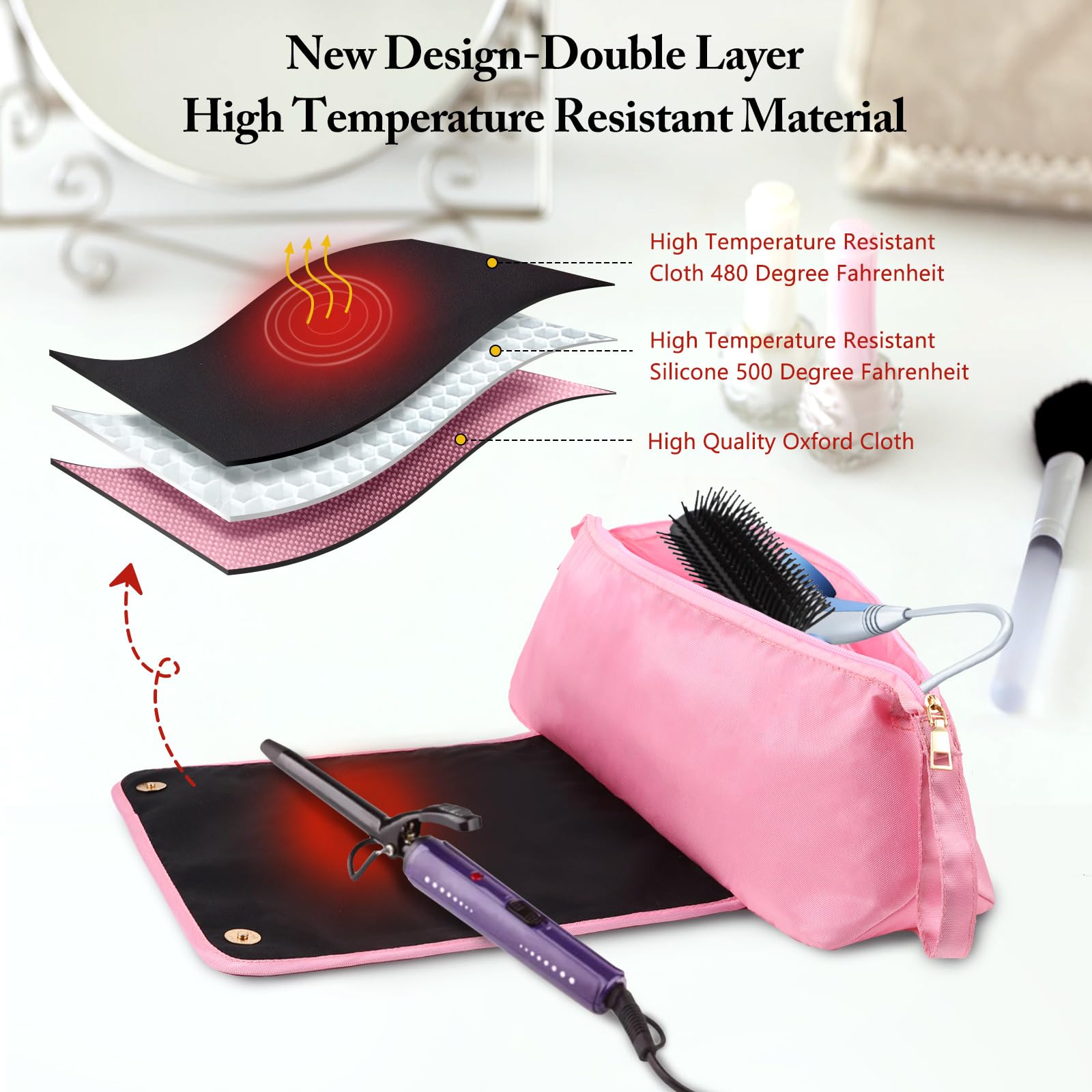 Große Haarwerkzeuge Reisetasche mit hitzebeständiger Matte für Glätteisen, Lockenstab, Haarpflegezubehör, Haarstyling-Werkzeugtasche mit Silikonmatte und hochtemperaturbeständigem Stoff