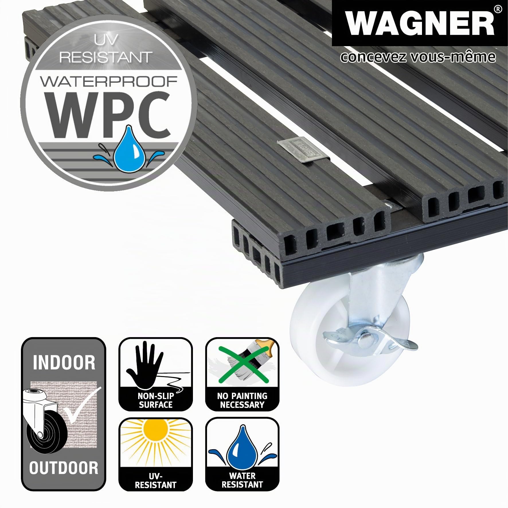 WAGNER Support à roulettes pour Pot de Fleur WPC 38,5 x 38,5 x 11 cm I intérieur + extérieur I Roule Pot en FSC® Composite Bois-Plastique, Anthracite, 2 Freins I Capacité de Charge 120 kg - 20054001