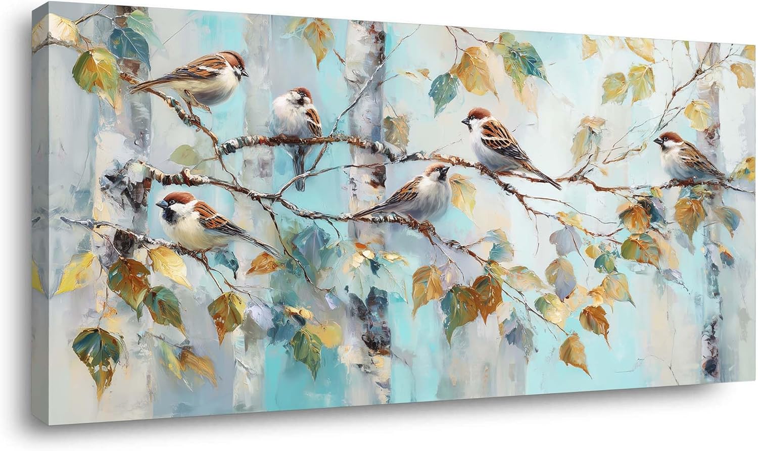 TEKMENT Beige Green Sparrows Birds Wall Art for Bedroom Oil Painting Canvas Prints Beautiful Woods Leaves Blue Art Deco Nature Artwork Office Family Decor