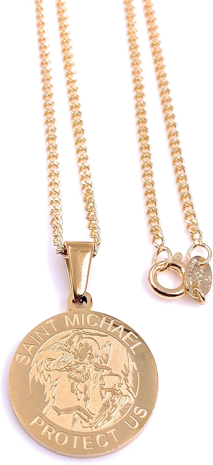 LESLIE BOULES St Michael The Archangel Stainless Steel Medal Necklace 18K Gold Plated Chain (22" Length)