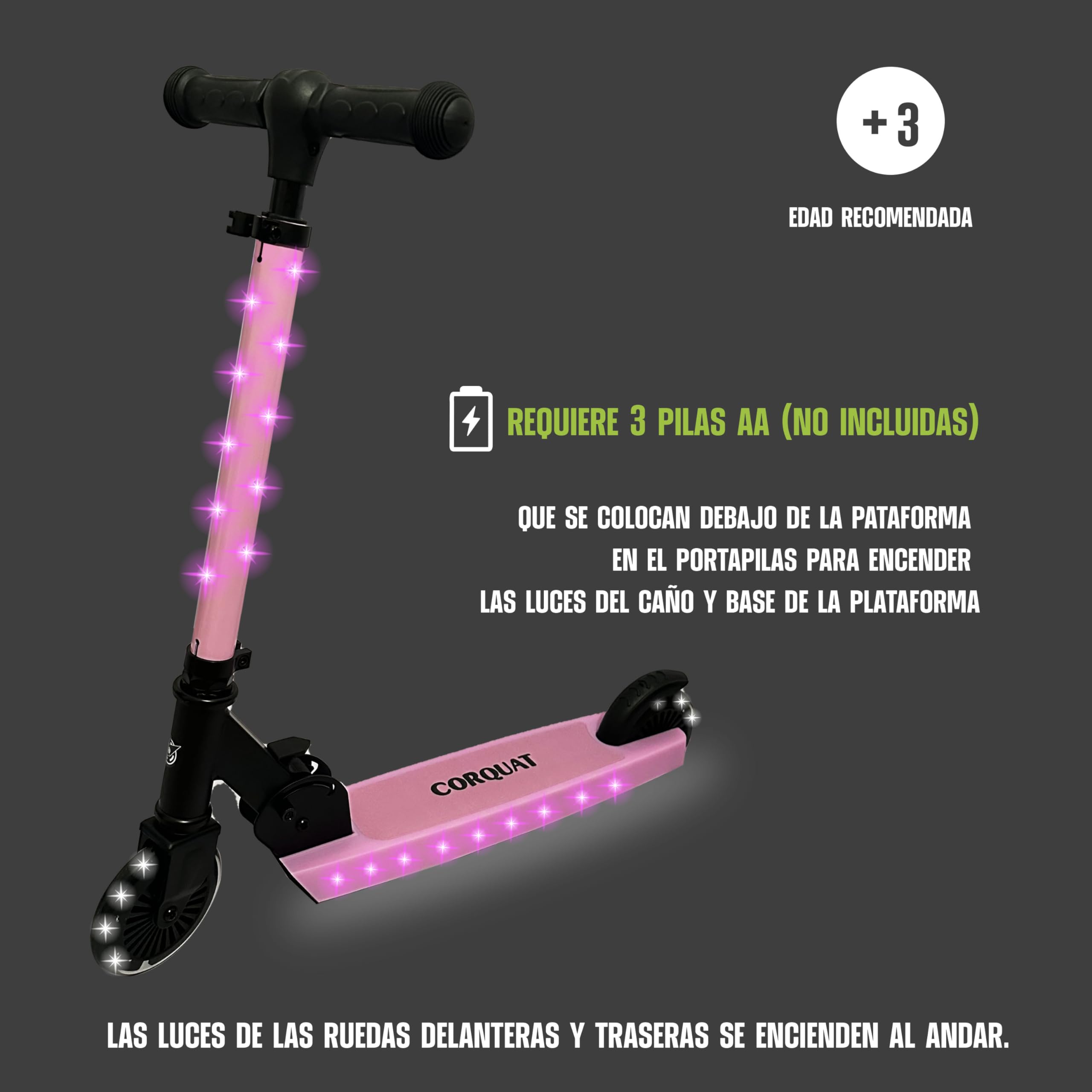 Patinete con Luces led, Patinete Plegable, Altura Ajustable para niños de 3 a 10 años, Scooter Capacidad de Peso hasta 60kg.