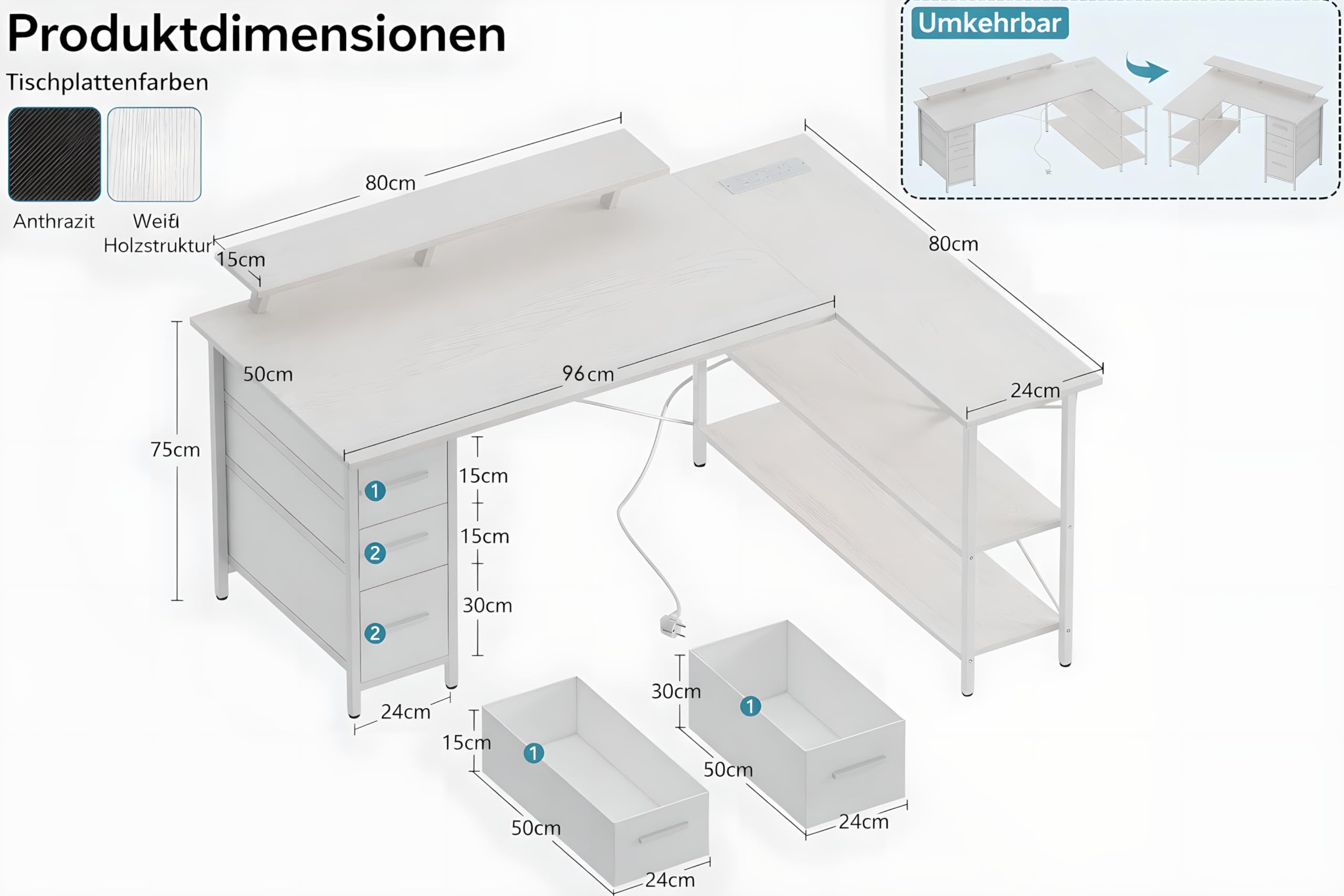 Scrivania a forma di L con 3 cassetti in tessuto, 120 x 80 cm, scrivania angolare reversibile con supporto per monitor, spina e porta di ricarica USB per home office, bianco