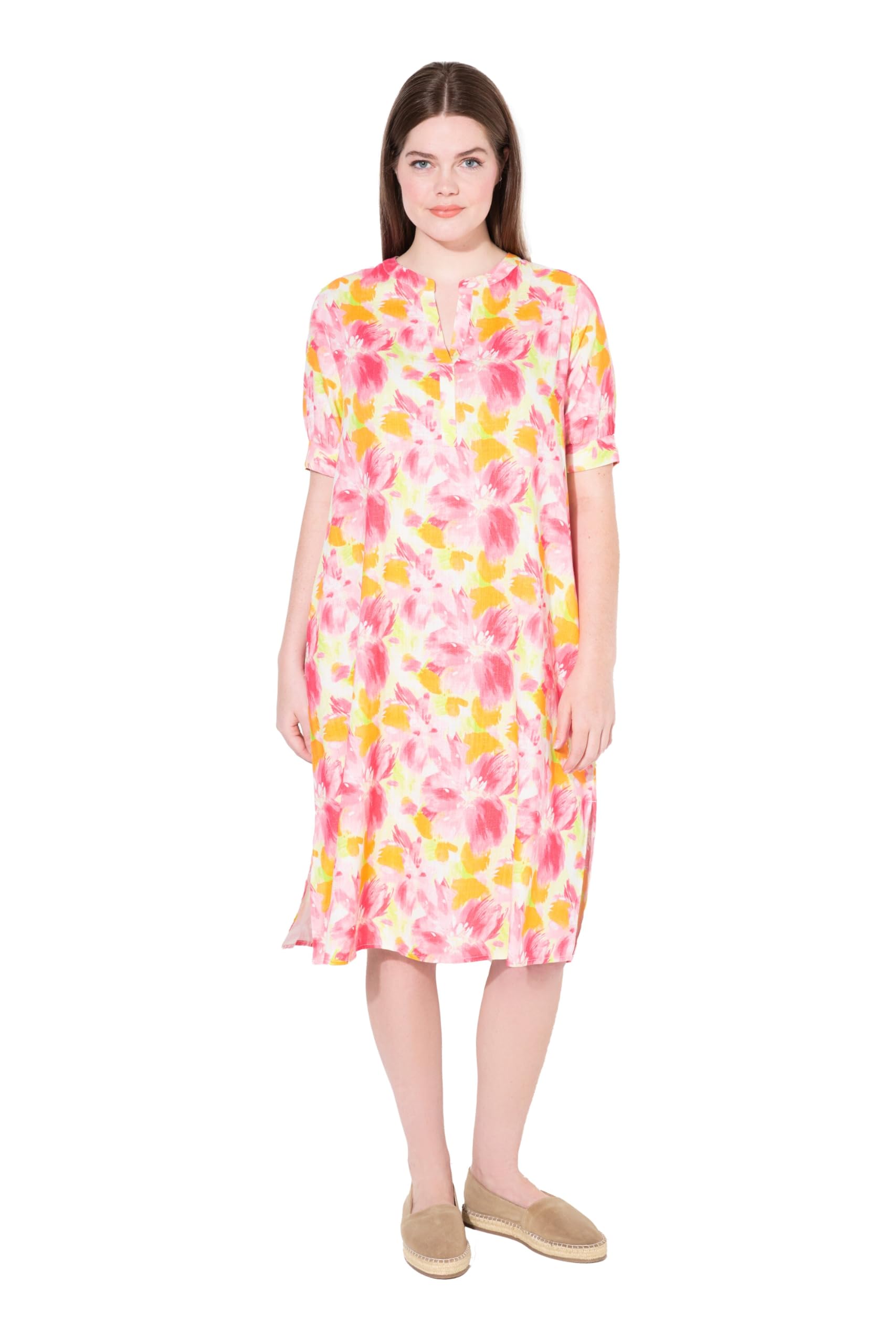 Ulla Popken Damen große Größen Übergrößen Plus Size Tunikakleid, Leinenmix, Blüten, Stehkragen, Halbarm 836739