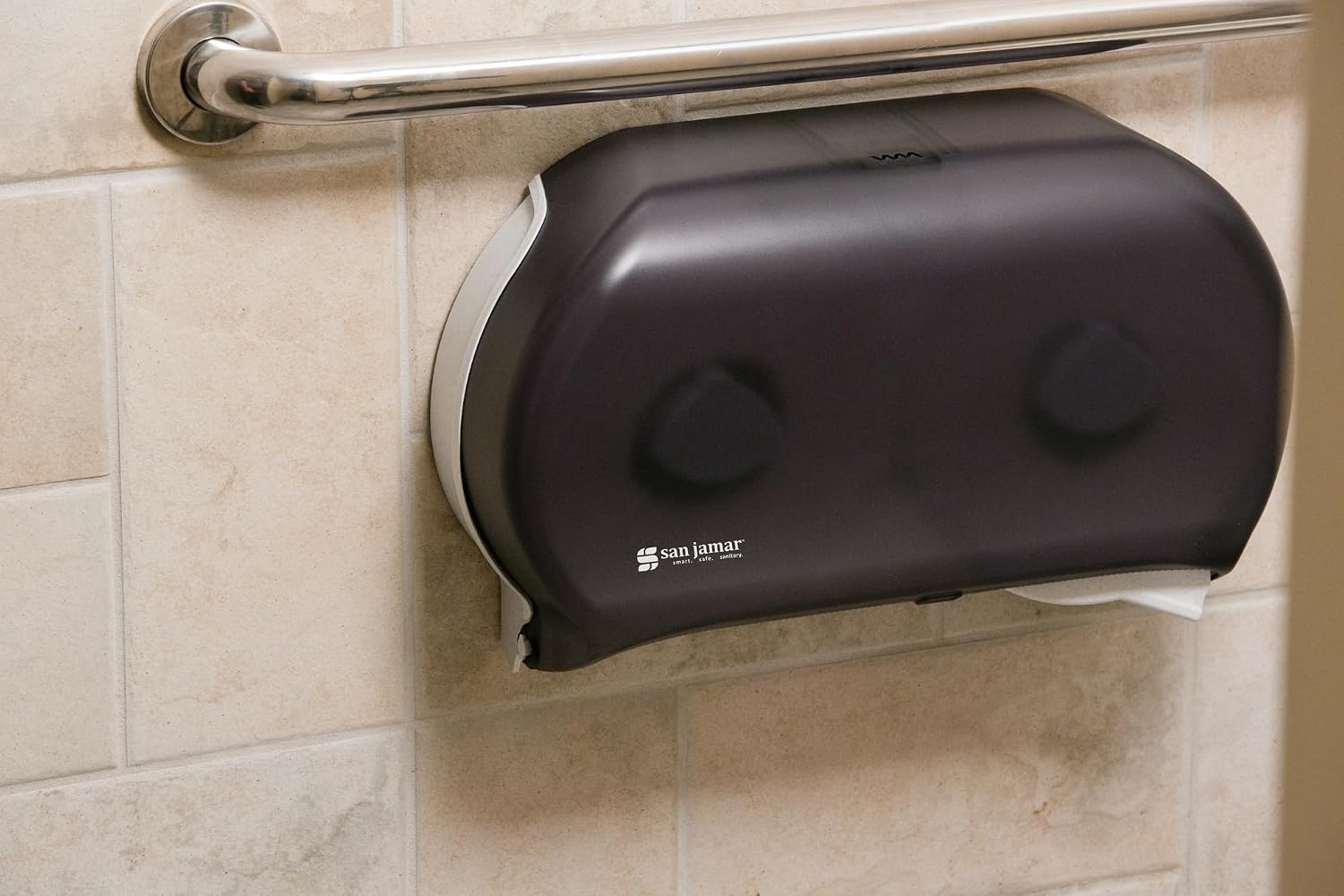 San Jamar Classic Bath Tissue Dispenser – Twin 9", Jumbo Bath Tissue Holder for Bathroom, Dual-Roll System, Break-Resistant Plastic, 3.25" Core, 12" × 19" × 5.25", Pearl Black image 5
