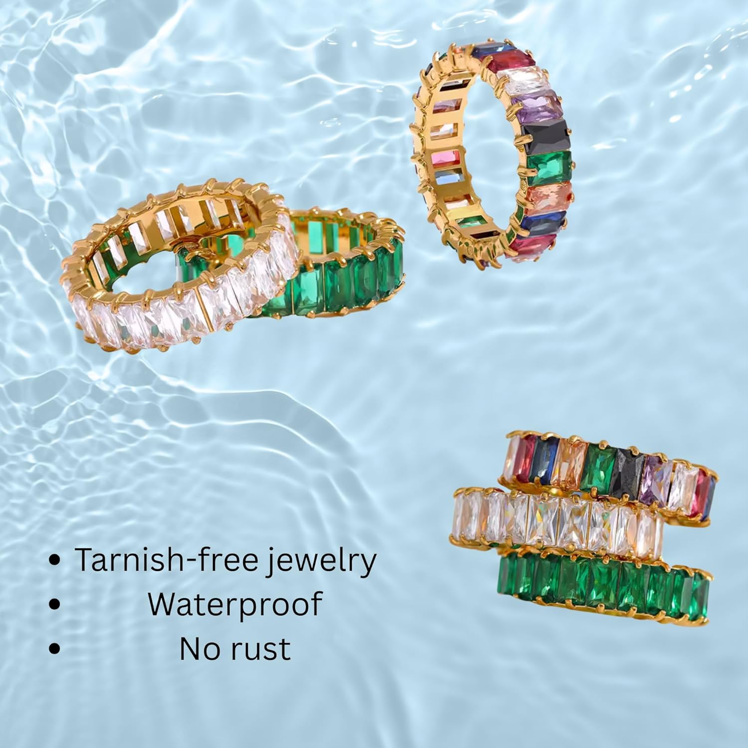 Eternity Ring for Women - 18K Gold Plated Trillion & Baguette Cut CZ Band - Rainbow, Clear, Emerald Designs - Geometric Stacking Ring - Waterproof & Tarnish-Free Jewelry