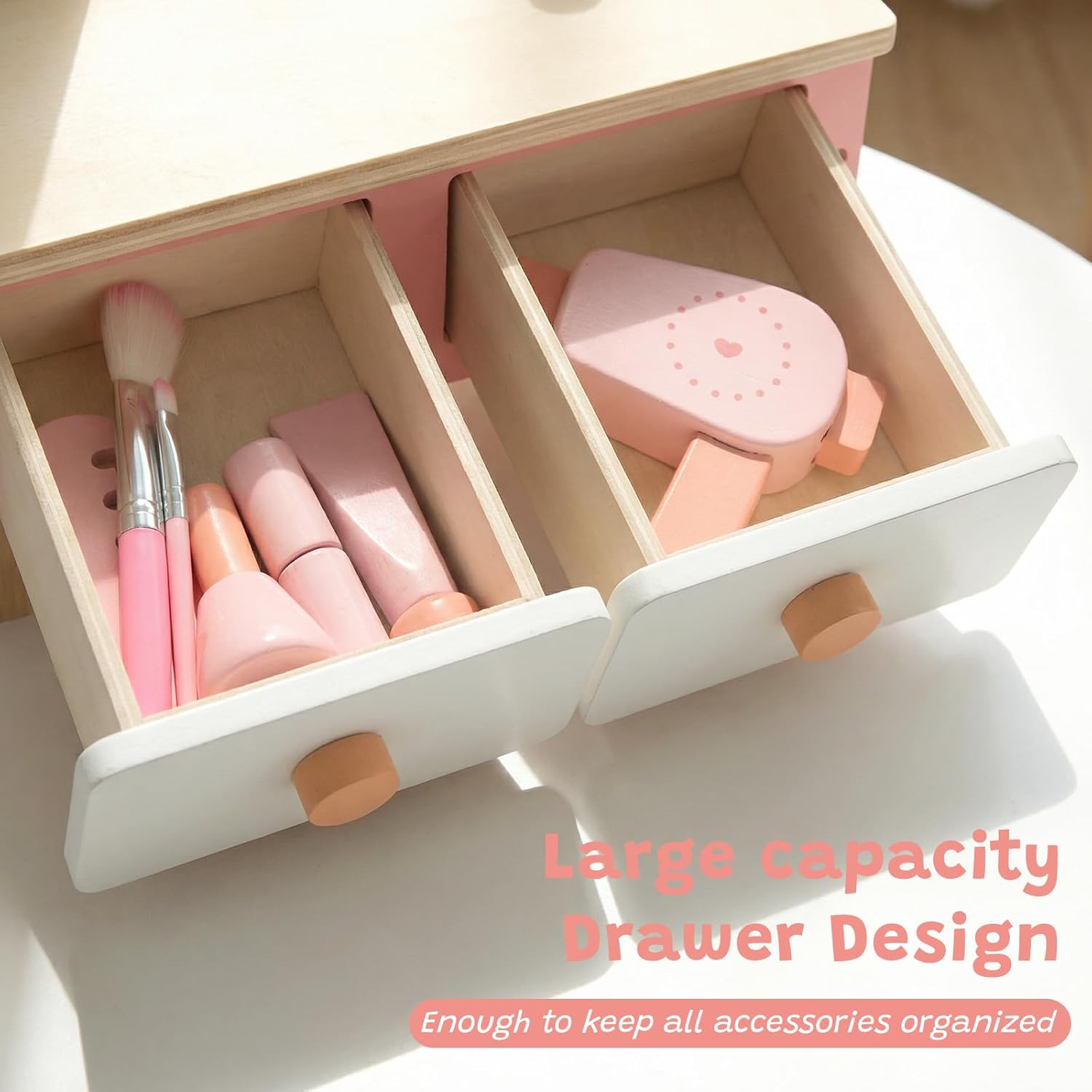 Wooden Vanity Set for Kids, Pretend Play Toddler Makeup Vanity Table Toys with 360° Rotatable Mirror, Beauty Salon Set Includes Makeup Accessories, Little Girls Gift Age 3+ (Multicolored)