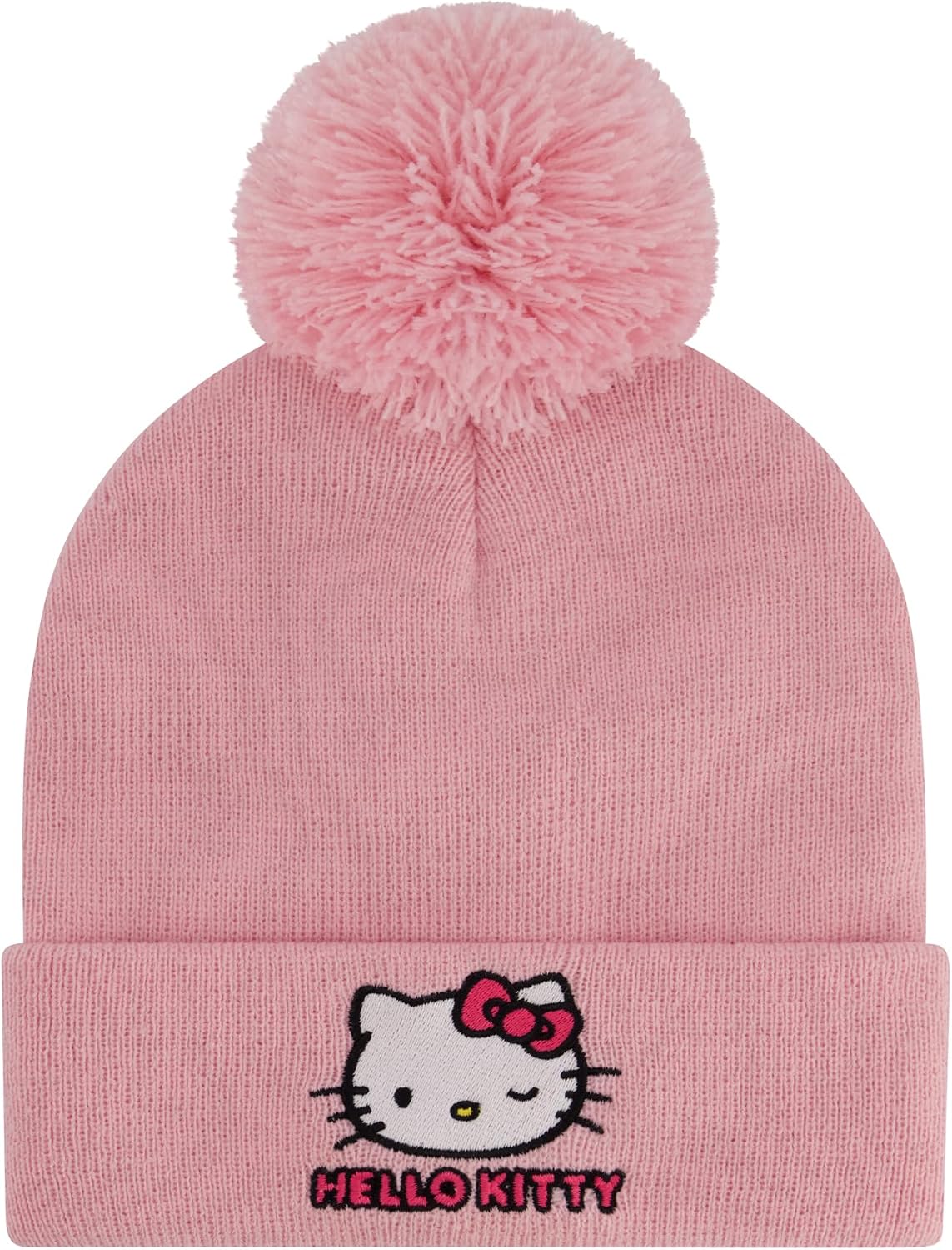 Hello Kitty Beanie Hat and Gloves Set, Girls Cuffed Winter Knit Cap with Pom and Matching Mittens, Blush, One Size