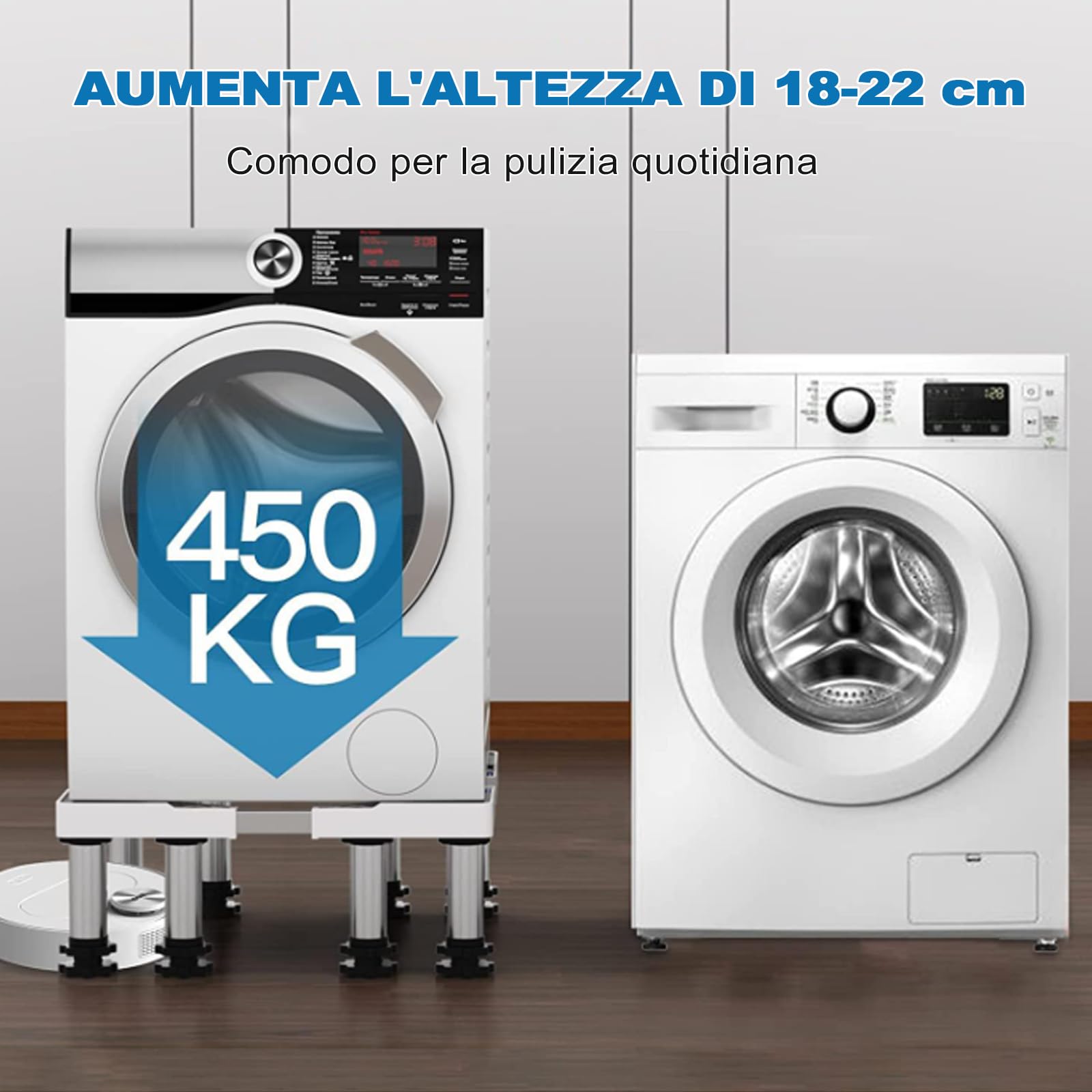 DEWEL Lavatrice a 8 Piedi, Carico Orso 500 KG, Regolabile Base per Lavatrice per Frigorifero, Asciugatrice e Congelatore, Lunghezza Regolabile 43-57 cm, Altezza 18-20 cm, Tubo Quadrato